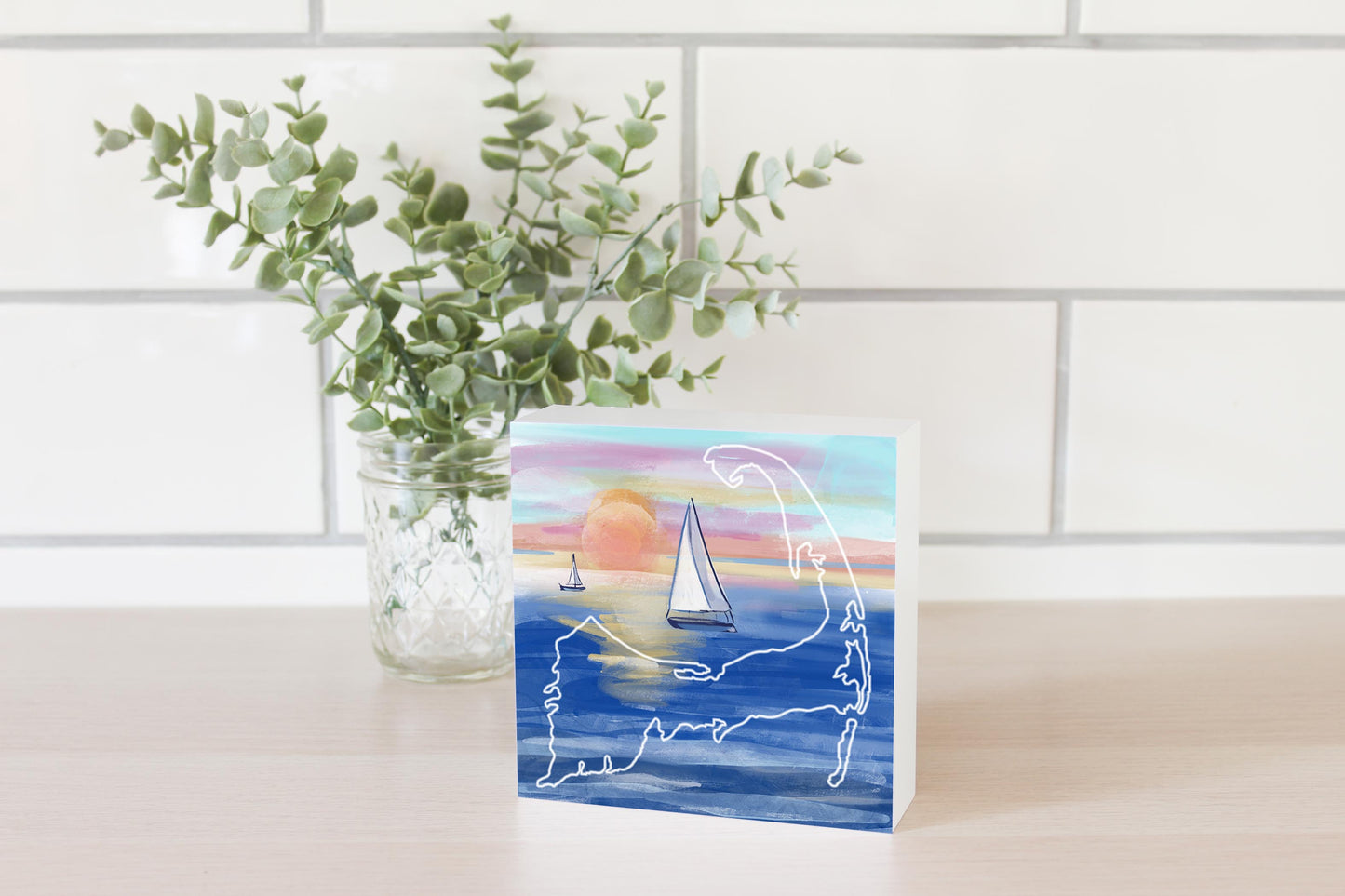 Watercolor Sunset With Sailboats | Wood Block | Eaches | Min 4
