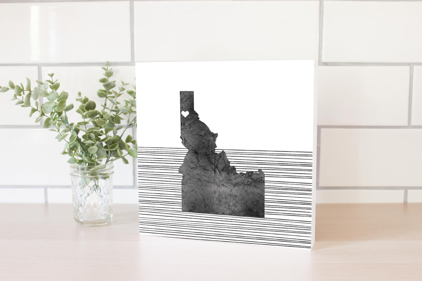 Minimalist B&W Idaho Coeur Dalene Heart Straight Lines | Wood Block | Eaches | Min 2