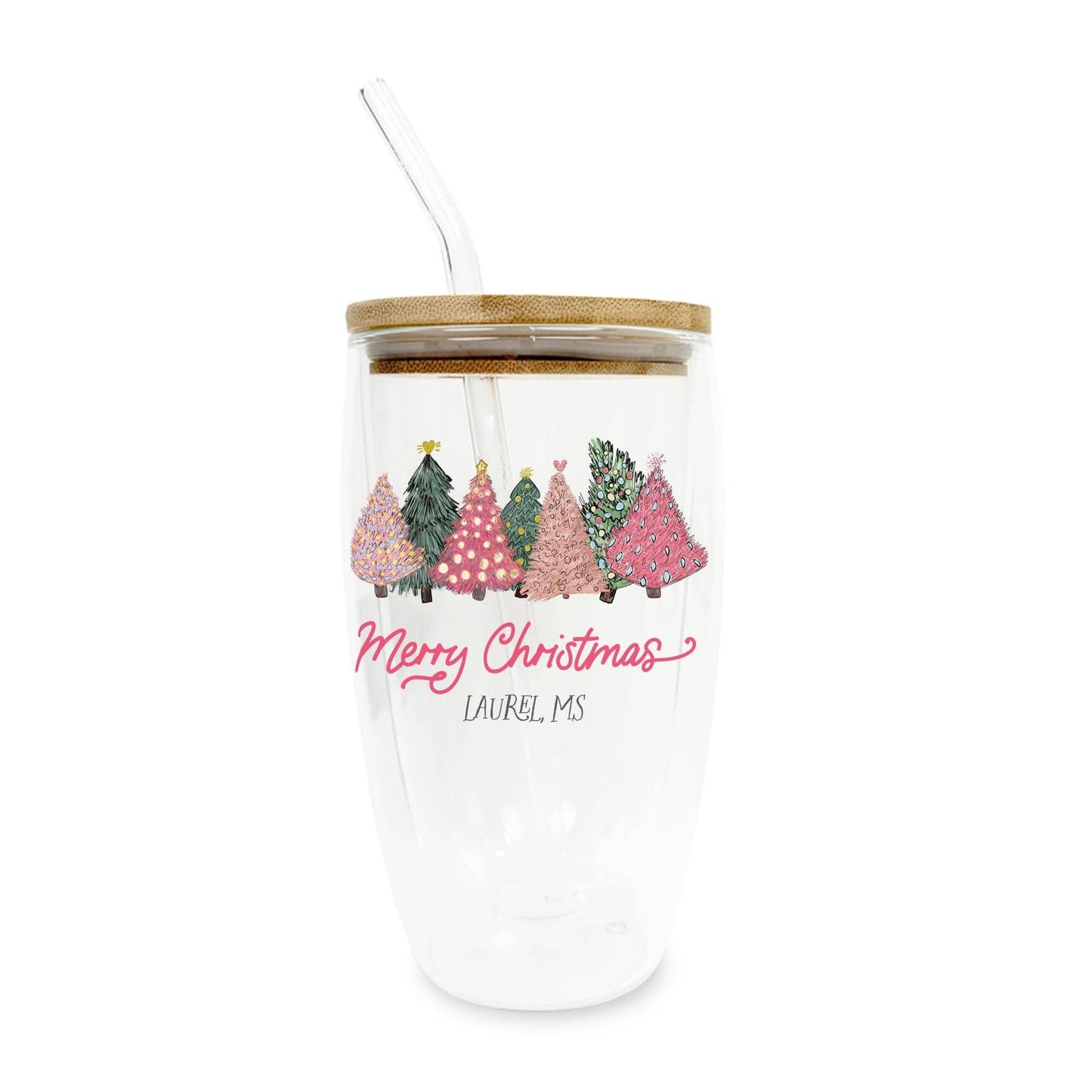 16oz Custom Insulated Glass Tumbler Pink Christmas Trees
