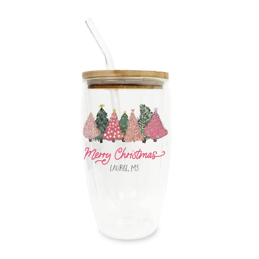 16oz Custom Insulated Glass Tumbler Pink Christmas Trees