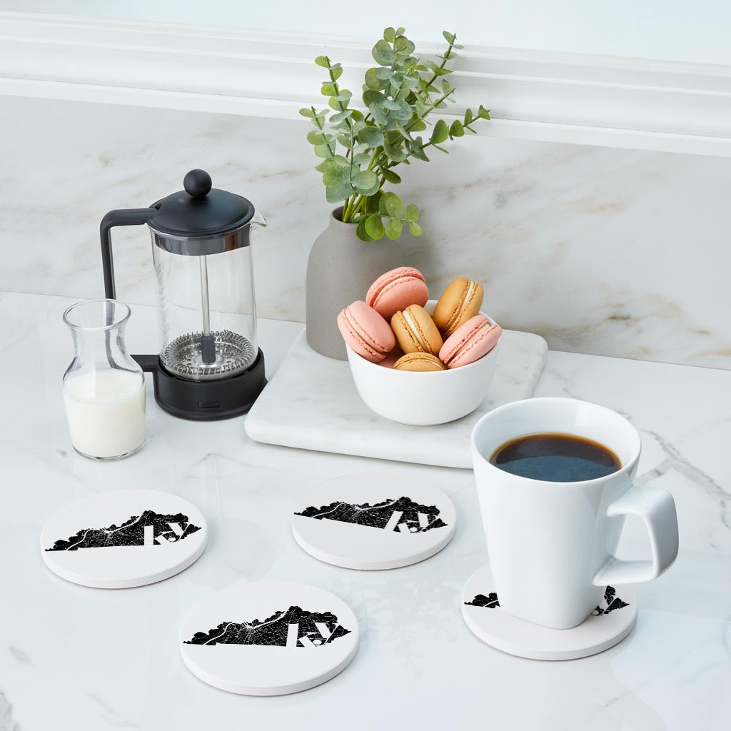 Black And White Abbreviated State Map White Kentucky| Absorbent Coasters | Set of 4 | Min 2