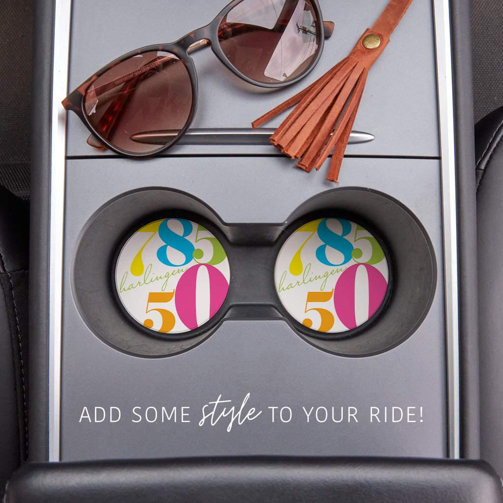 Bright Modern Color Block City Zip Texas Harlingen | Absorbent Car Coasters | Set of 2 | Min 4
