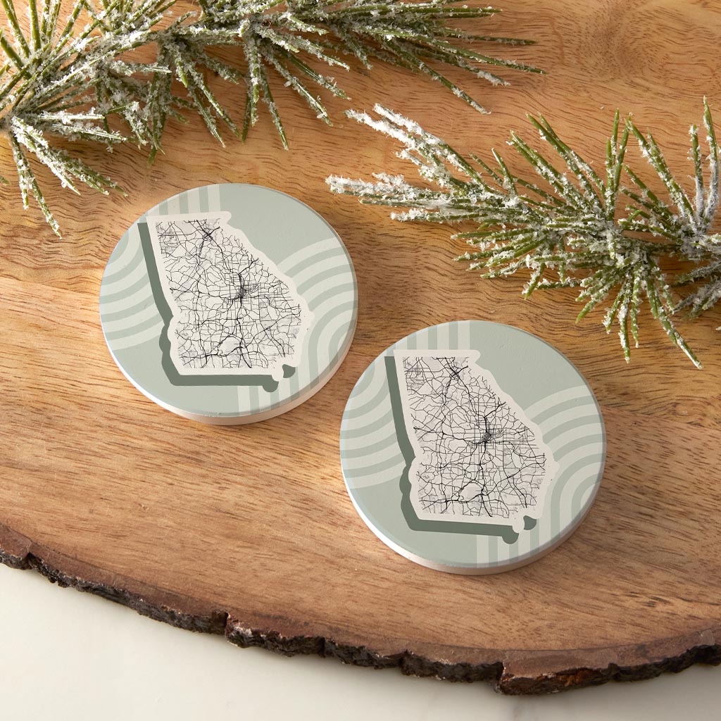 Vintage Groove Light Green Lines Map Georgia Atlanta| Absorbent Car Coasters | Set of 2 | Min 4