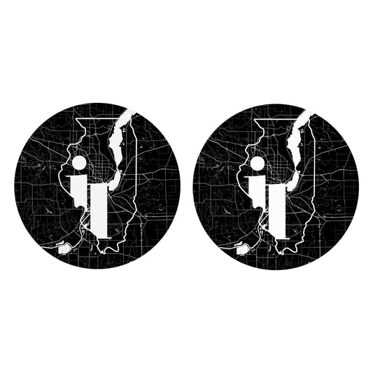 Black And White Abbreviated State Map Black Illinois Peoria| Absorbent Car Coasters | Set of 2 | Min 4