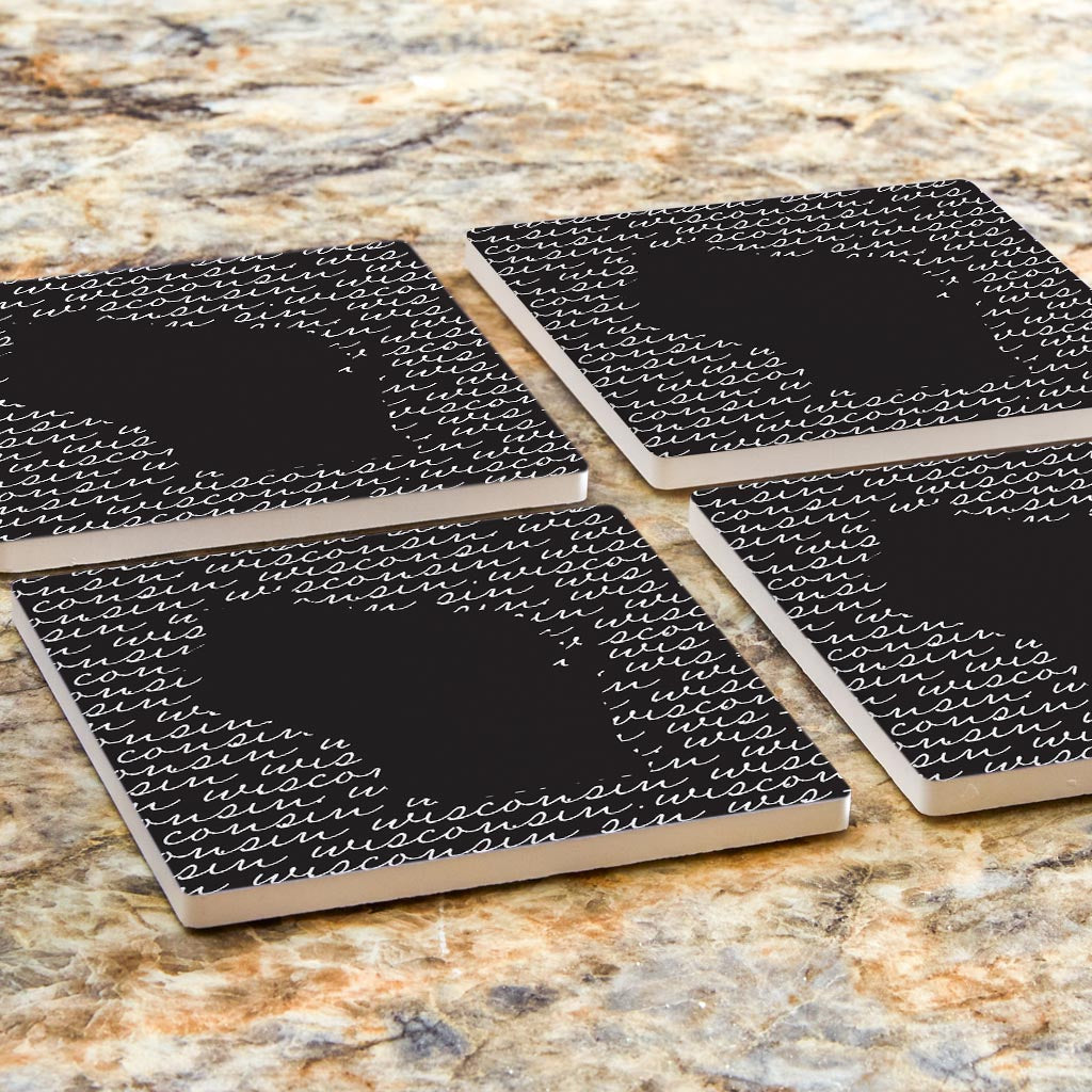 Black And White State Script Wisconsin| Absorbent Coasters | Set of 4 | Min 2