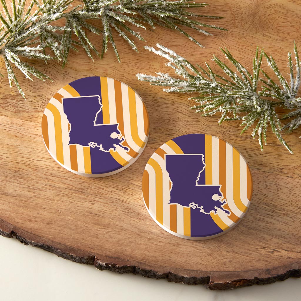Purple Gold Louisiana Retro State Shape | Absorbent Car Coasters | Set of 2 | Min 4