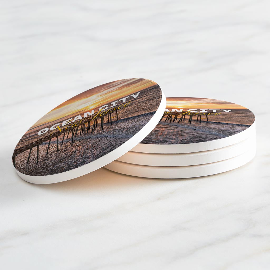 Fishing Pier Sunrise Round Coaster| Absorbent Coasters | Set of 4 | Min 2