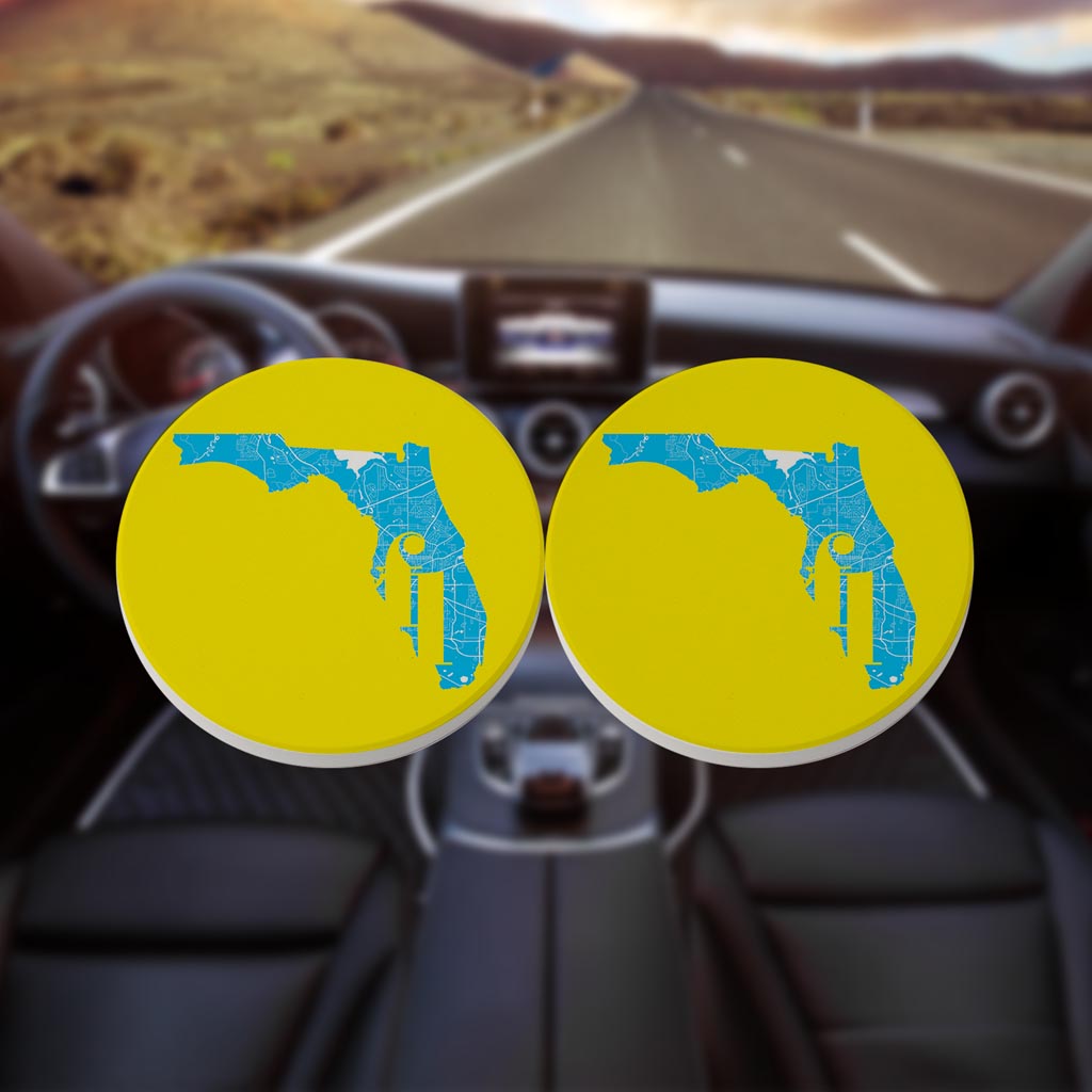 Bright Modern Abbreviated State Yellow Florida Tallahassee| Absorbent Car Coasters | Set of 2 | Min 4