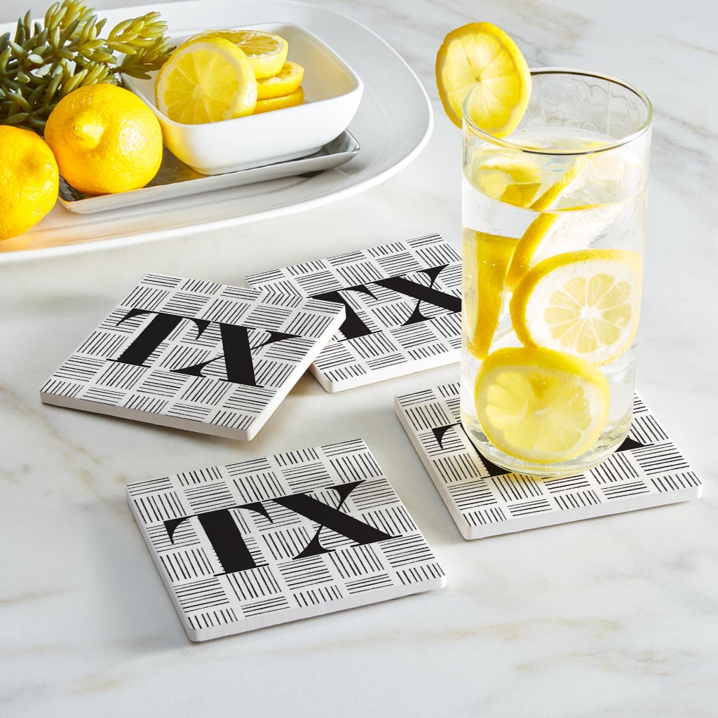 Black And White Abbreviated On White Texas | Absorbent Coasters | Set of 4 | Min 2