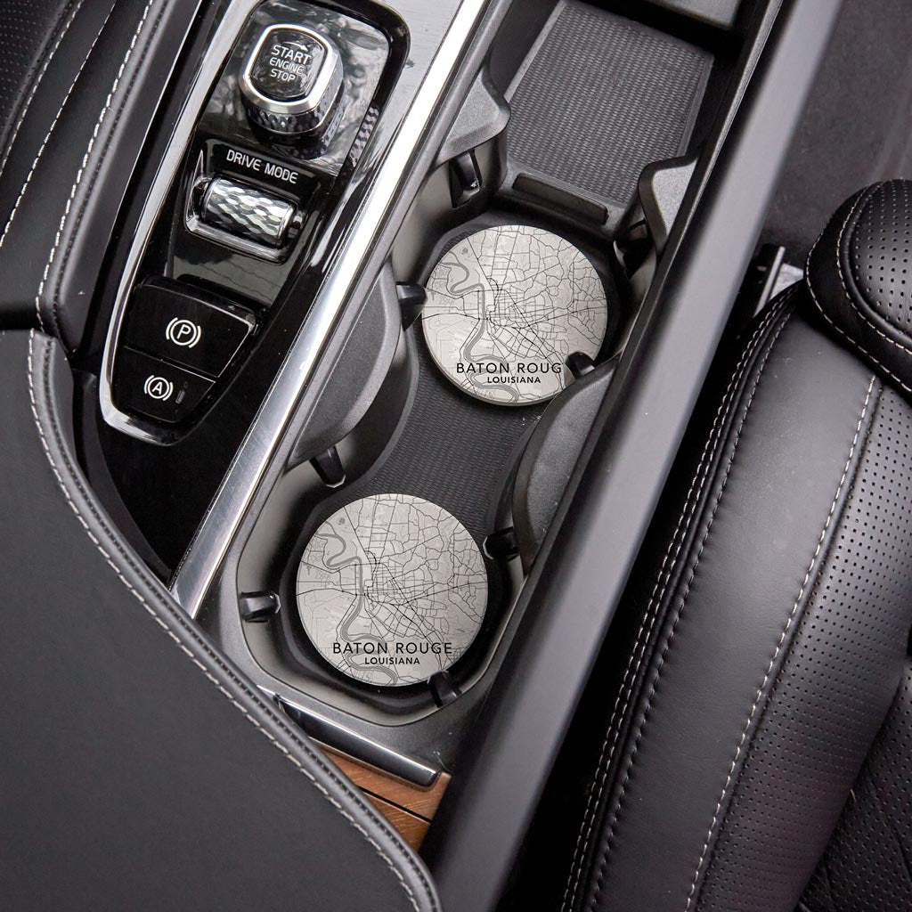 Minimalistic Baton Rouge White Map| Absorbent Car Coasters | Set of 2 | Min 4