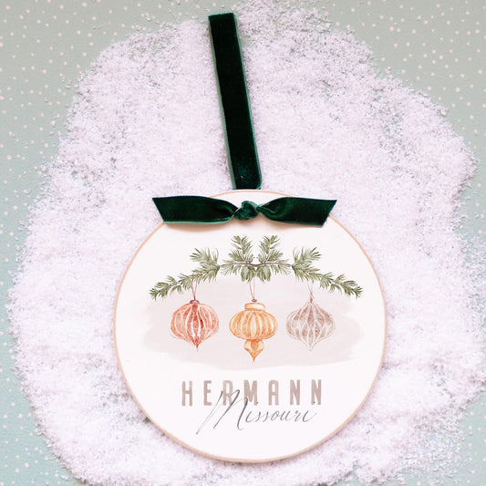 6" Round Ornament Green Ribbon-Ornaments Hermann Missouri -0