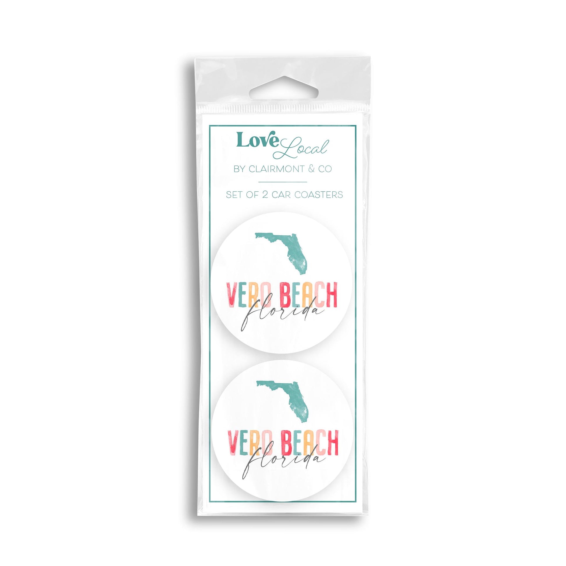 Car Coaster 2-Pack Love Local-Watercolor City Vero Beach Florida -0