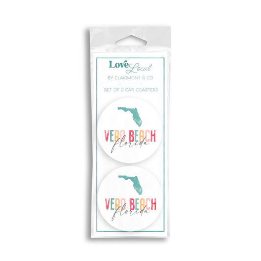 Car Coaster 2-Pack Love Local-Watercolor City Vero Beach Florida -0
