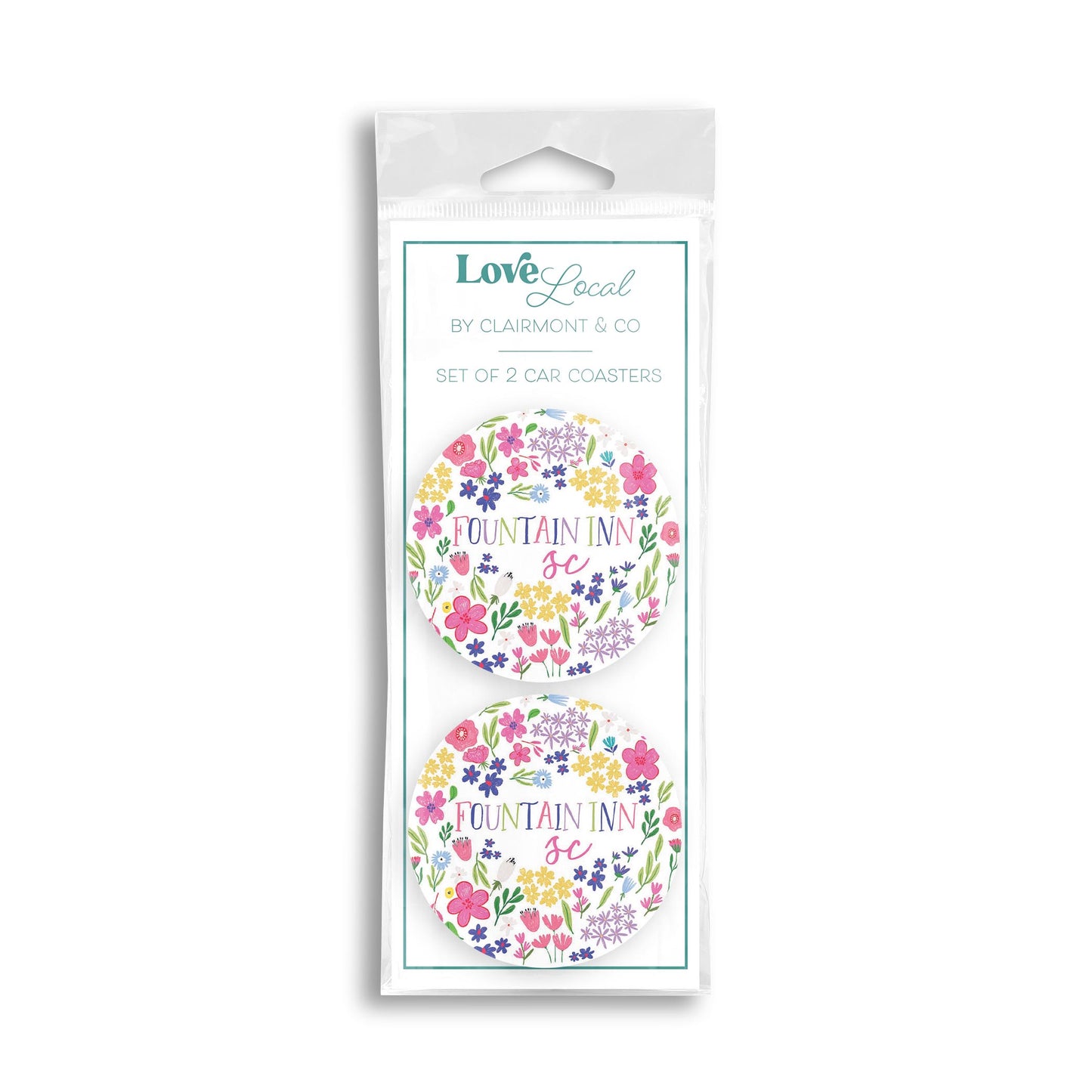 Car Coaster 2-Pack Love Local-Flower Confetti Fountain Inn South Carolina -0