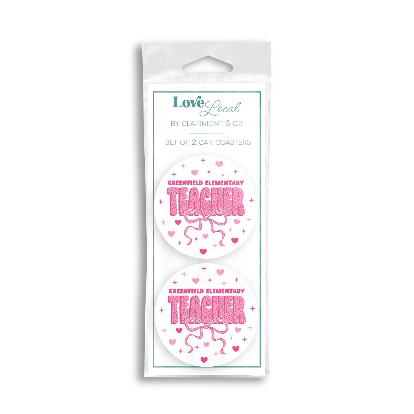 Car Coaster 2-Pack Love Local-Love+Local Classroom Coquette Teacher Bow -0