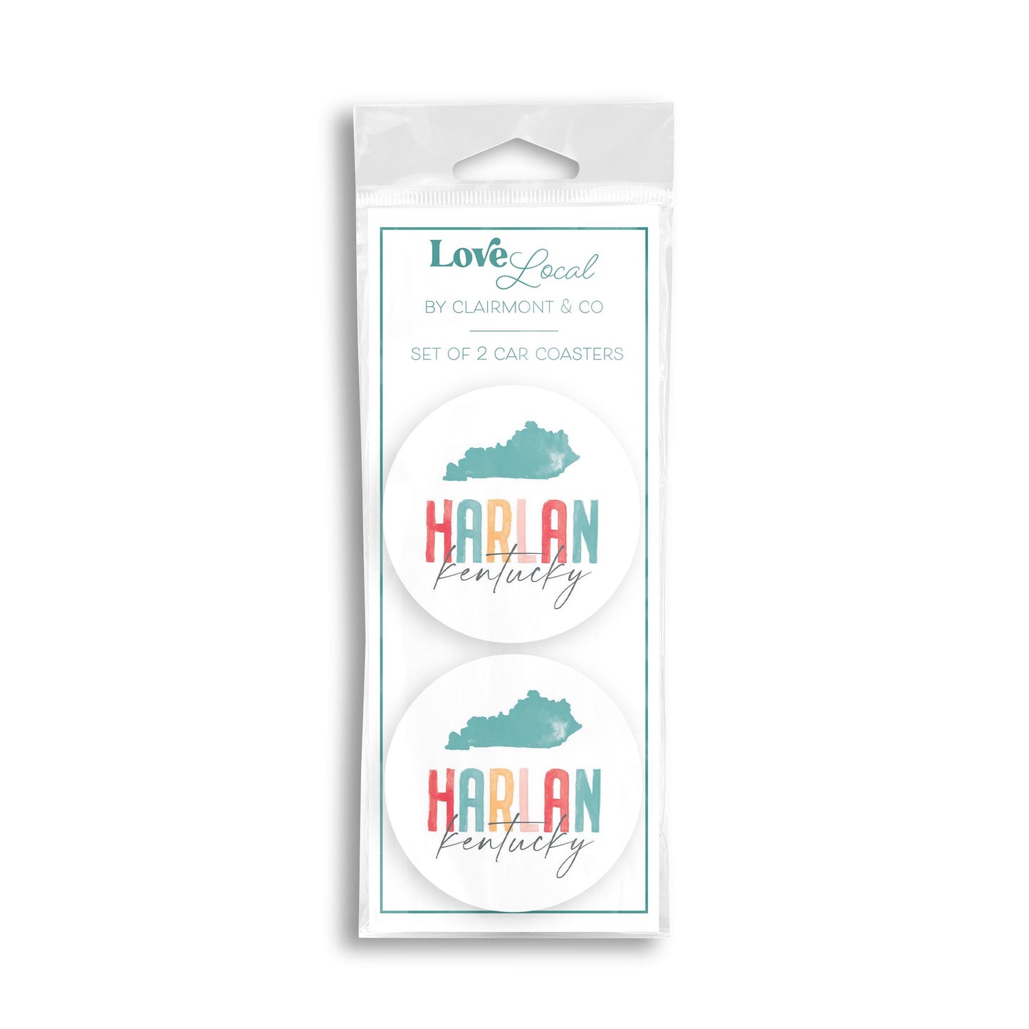 Car Coaster 2-Pack Love Local-Watercolor City Harlan Kentucky -0