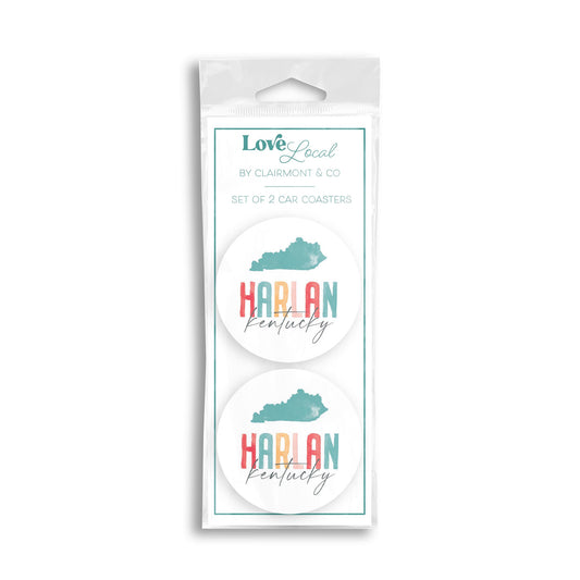 Car Coaster 2-Pack Love Local-Watercolor City Harlan Kentucky -0