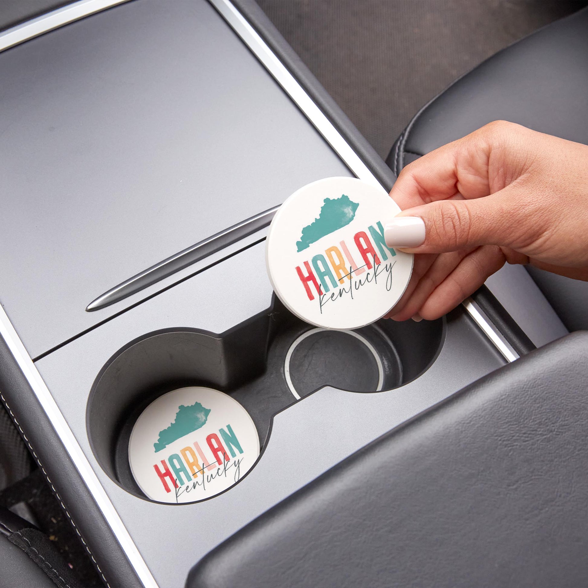 Car Coaster 2-Pack Love Local-Watercolor City Harlan Kentucky -1