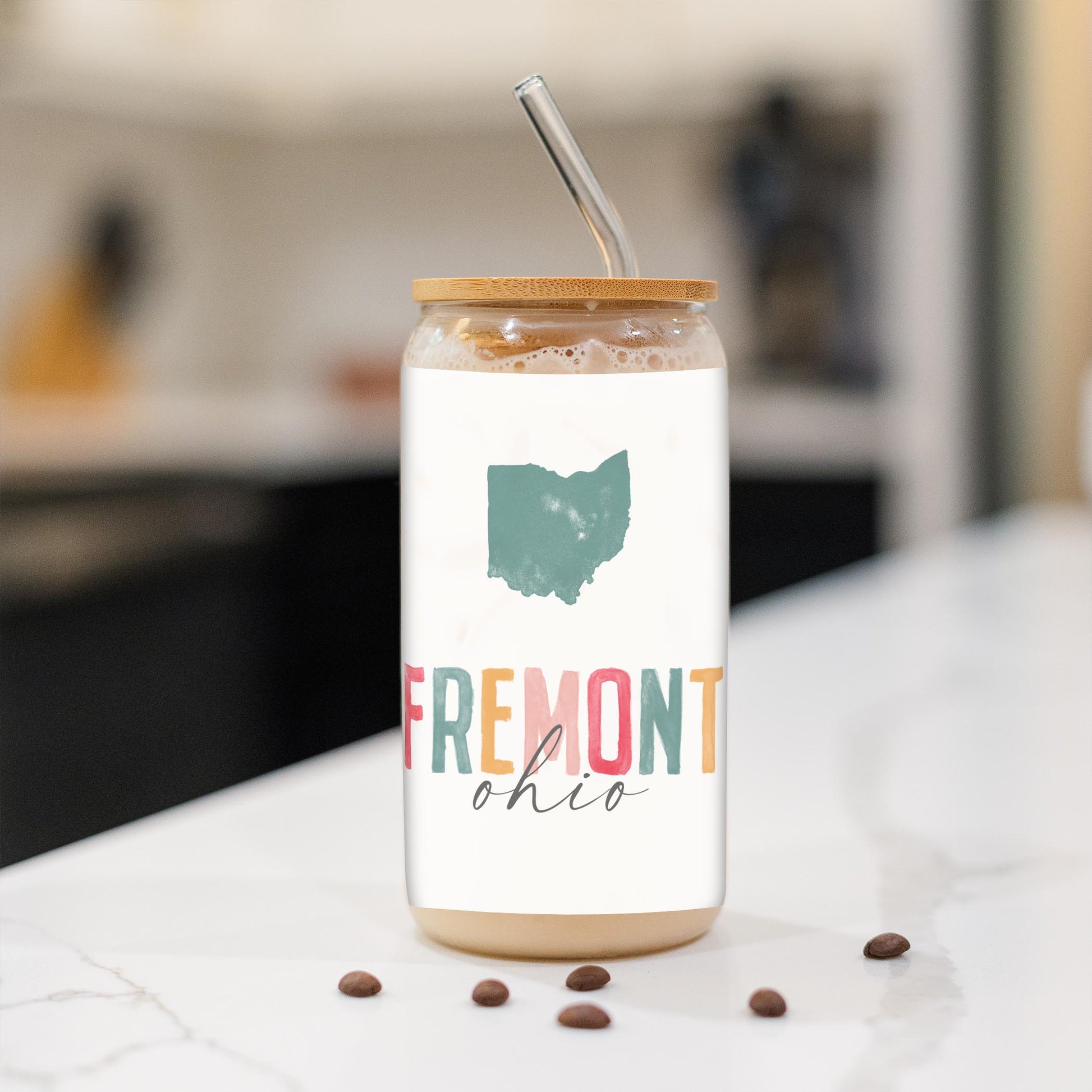 16oz Cold Brew Glass-Watercolor City Fremont Ohio -1