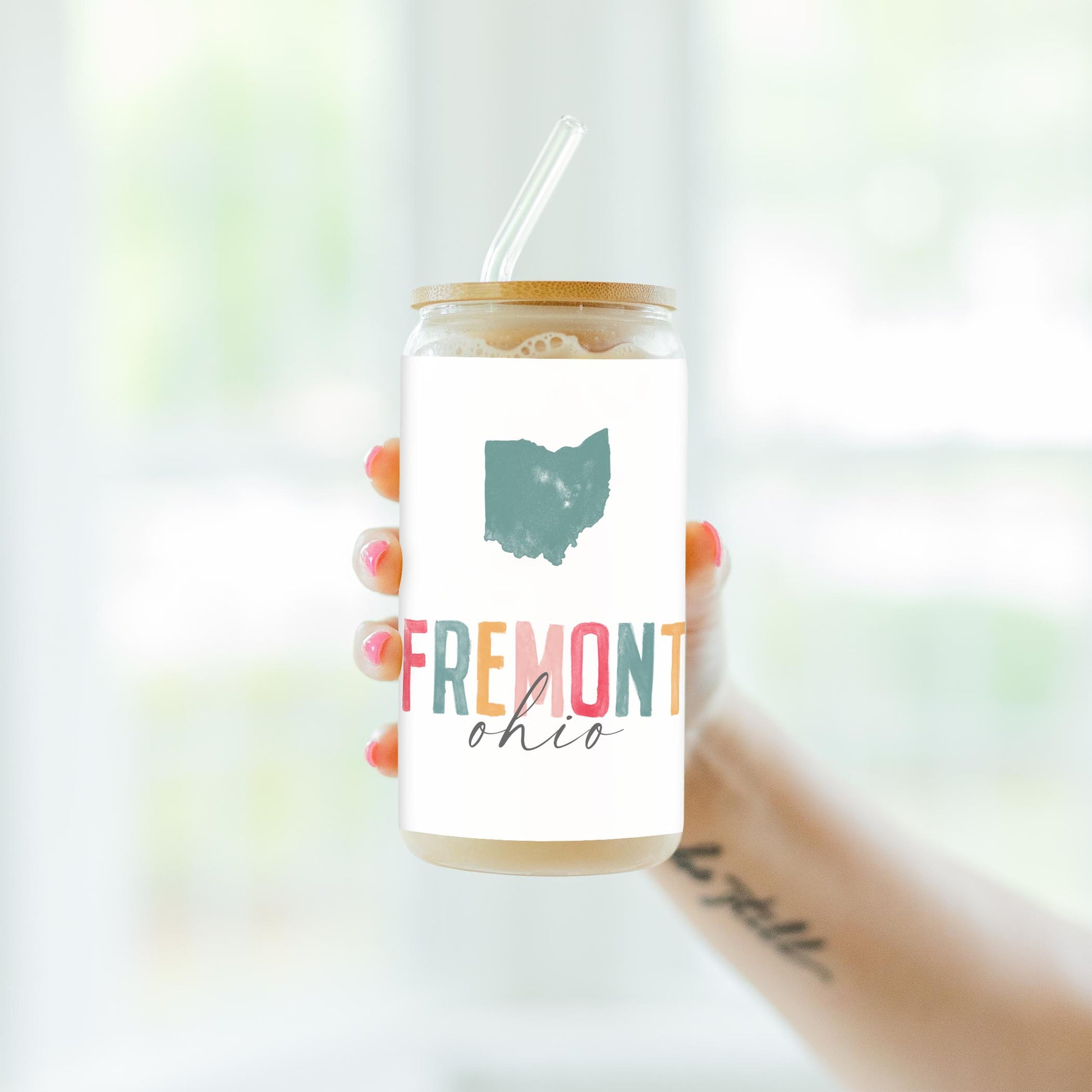 16oz Cold Brew Glass-Watercolor City Fremont Ohio -4