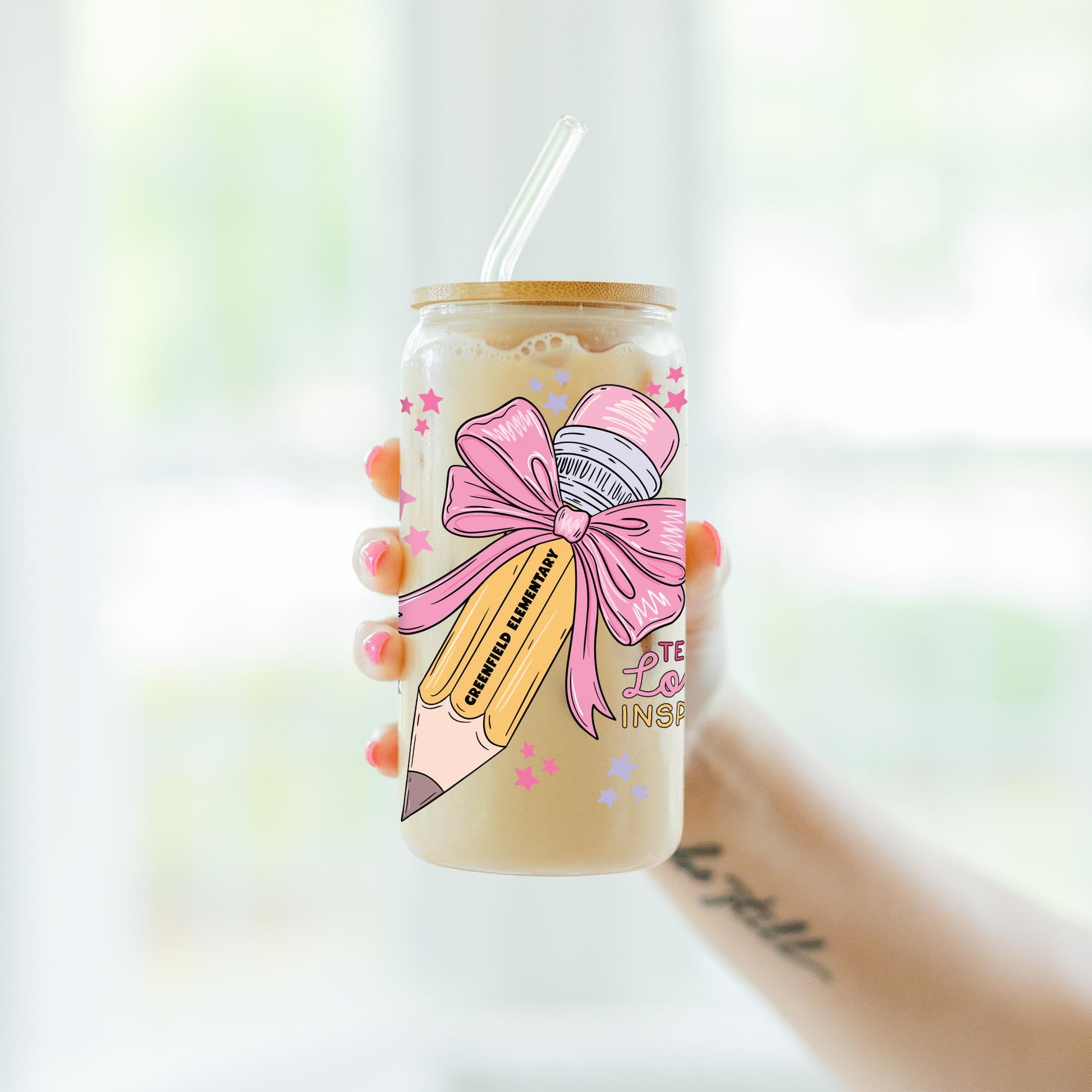 16oz Cold Brew Glass-Love+Local Classroom Coquette Teach Love Inspire -4