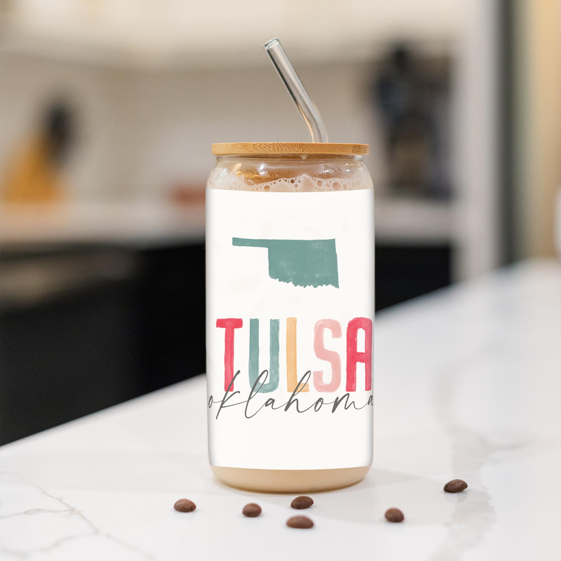 16oz Cold Brew Glass-Watercolor City Tulsa Oklahoma -1
