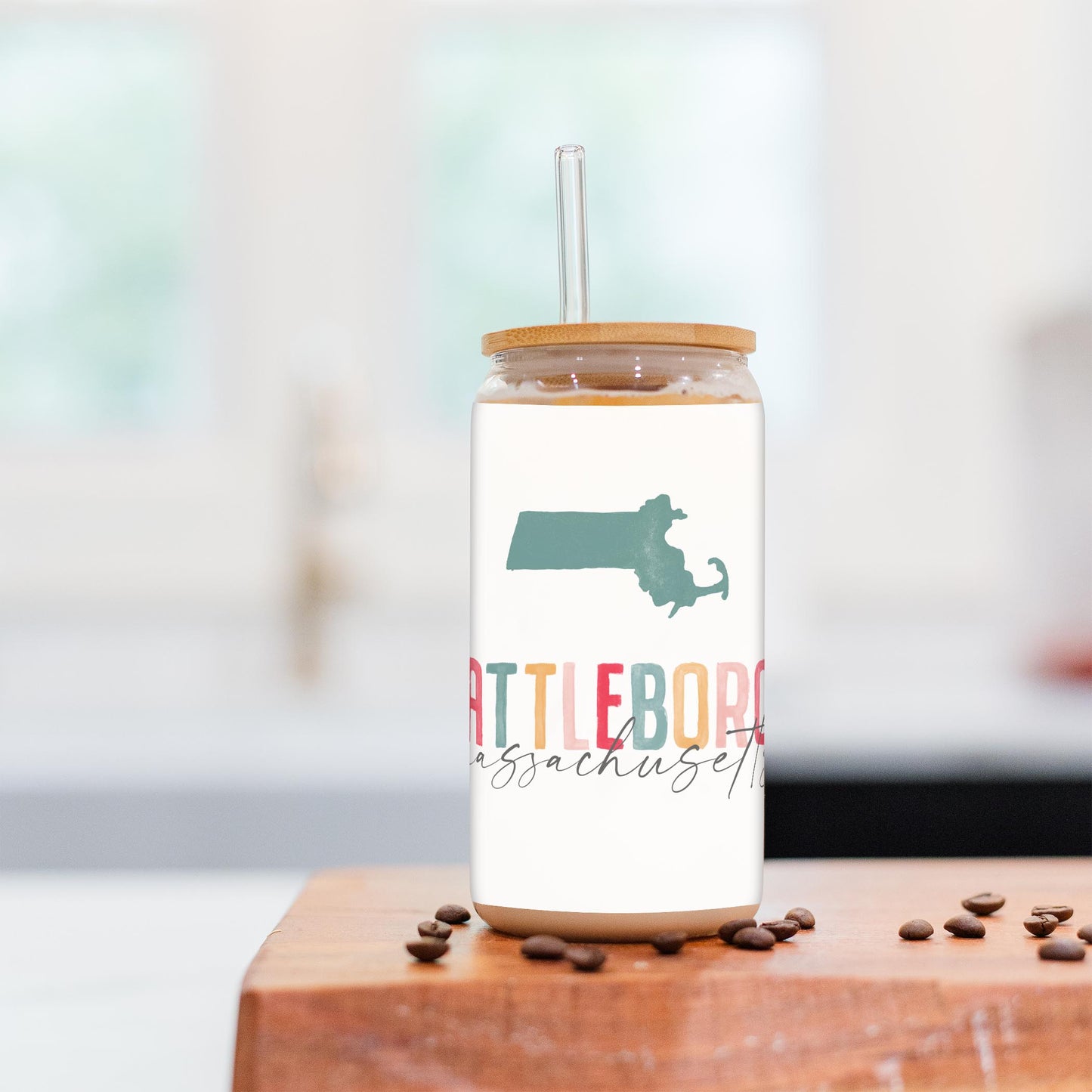 16oz Cold Brew Glass-Watercolor City Attleboro Massachusetts -2