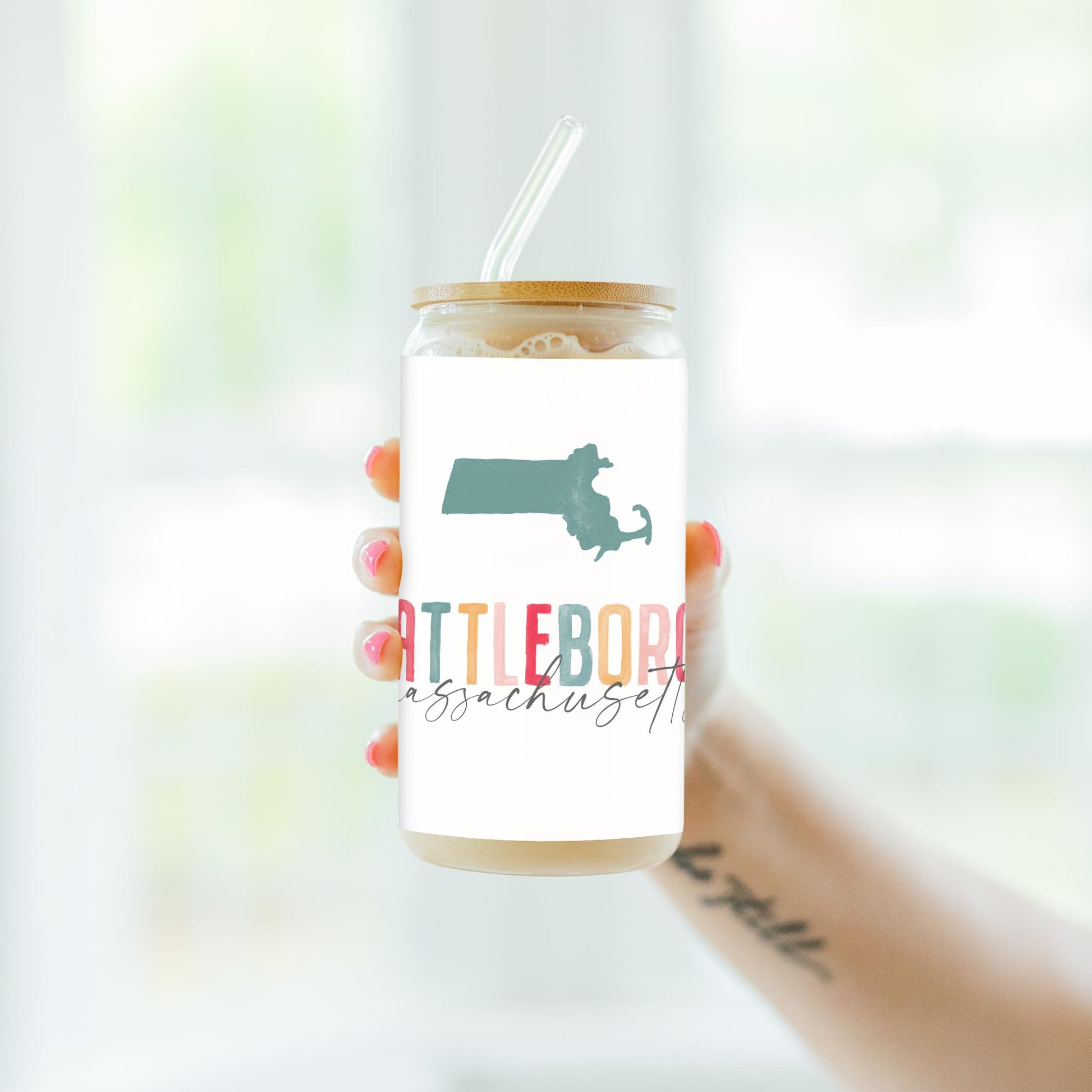 16oz Cold Brew Glass-Watercolor City Attleboro Massachusetts -4