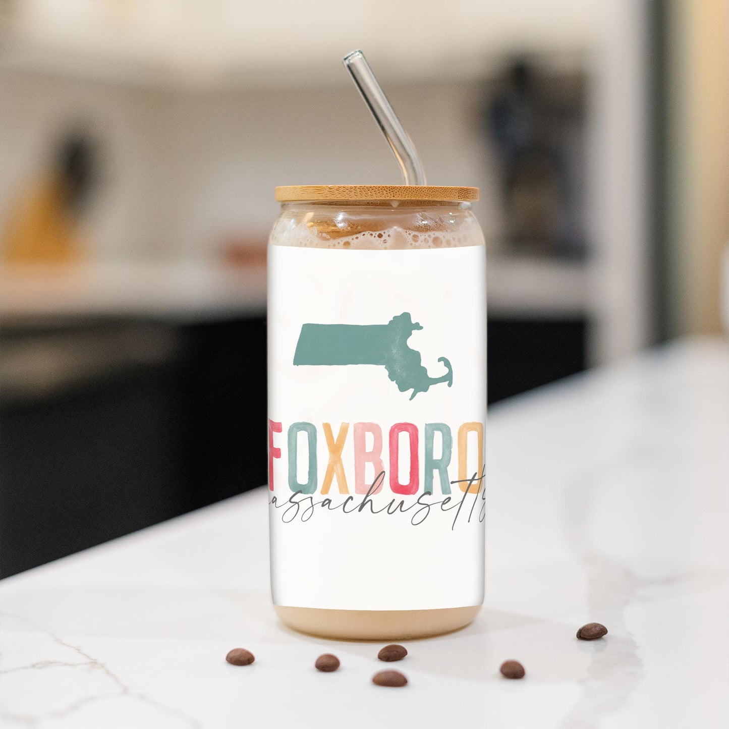 16oz Cold Brew Glass-Watercolor City Foxboro Massachusetts -1