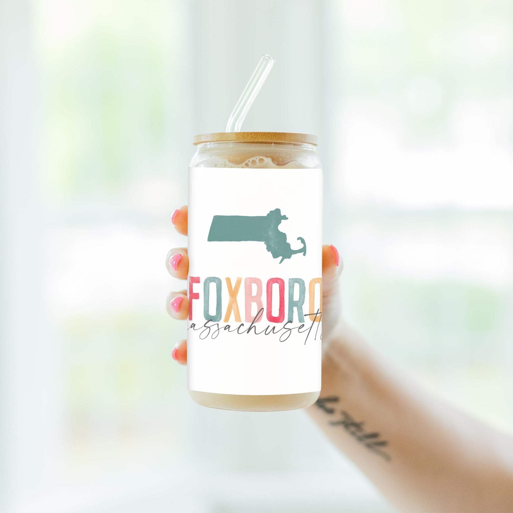 16oz Cold Brew Glass-Watercolor City Foxboro Massachusetts -4