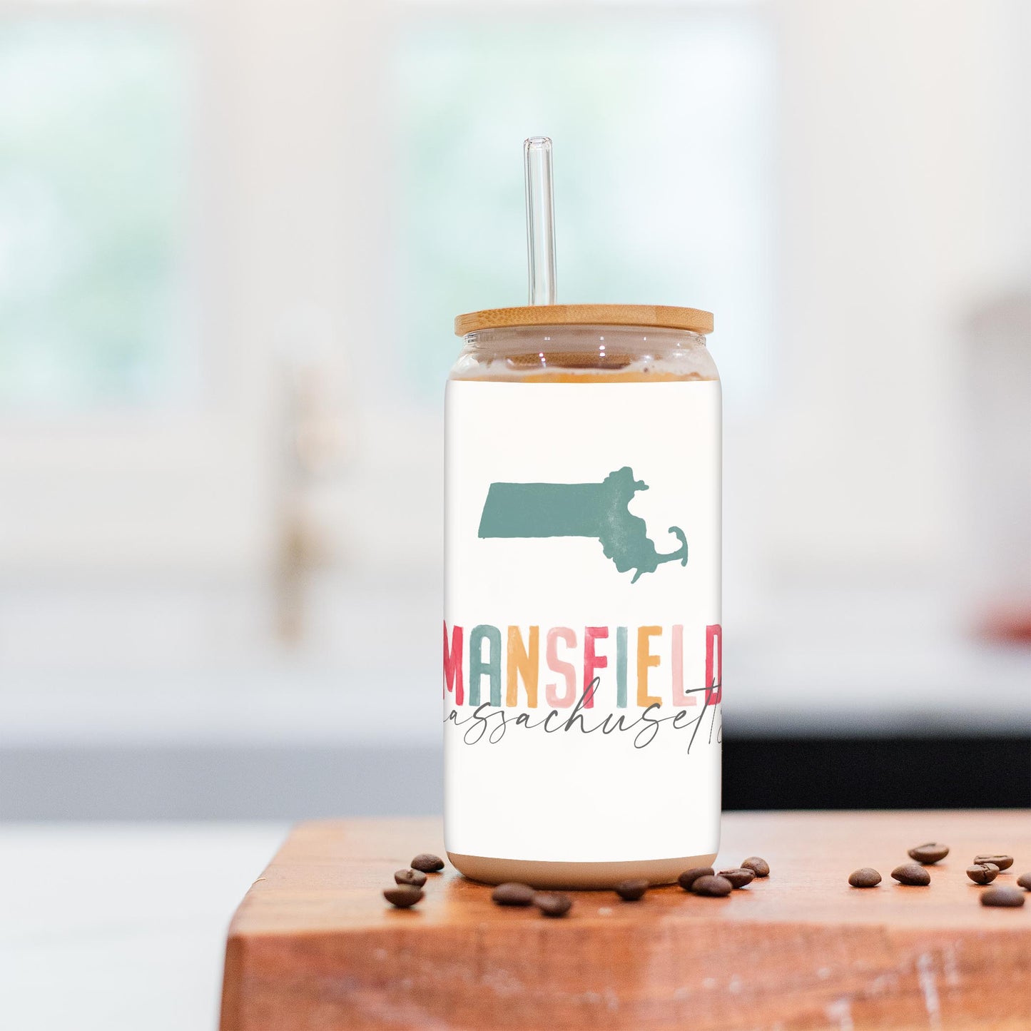 16oz Cold Brew Glass-Watercolor City Mansfield Massachusetts -2