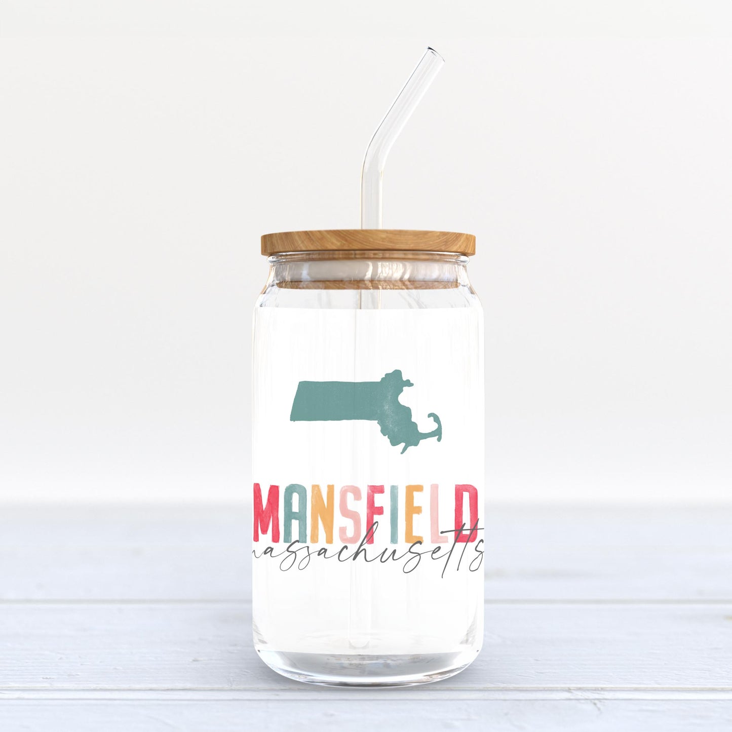 16oz Cold Brew Glass-Watercolor City Mansfield Massachusetts -3