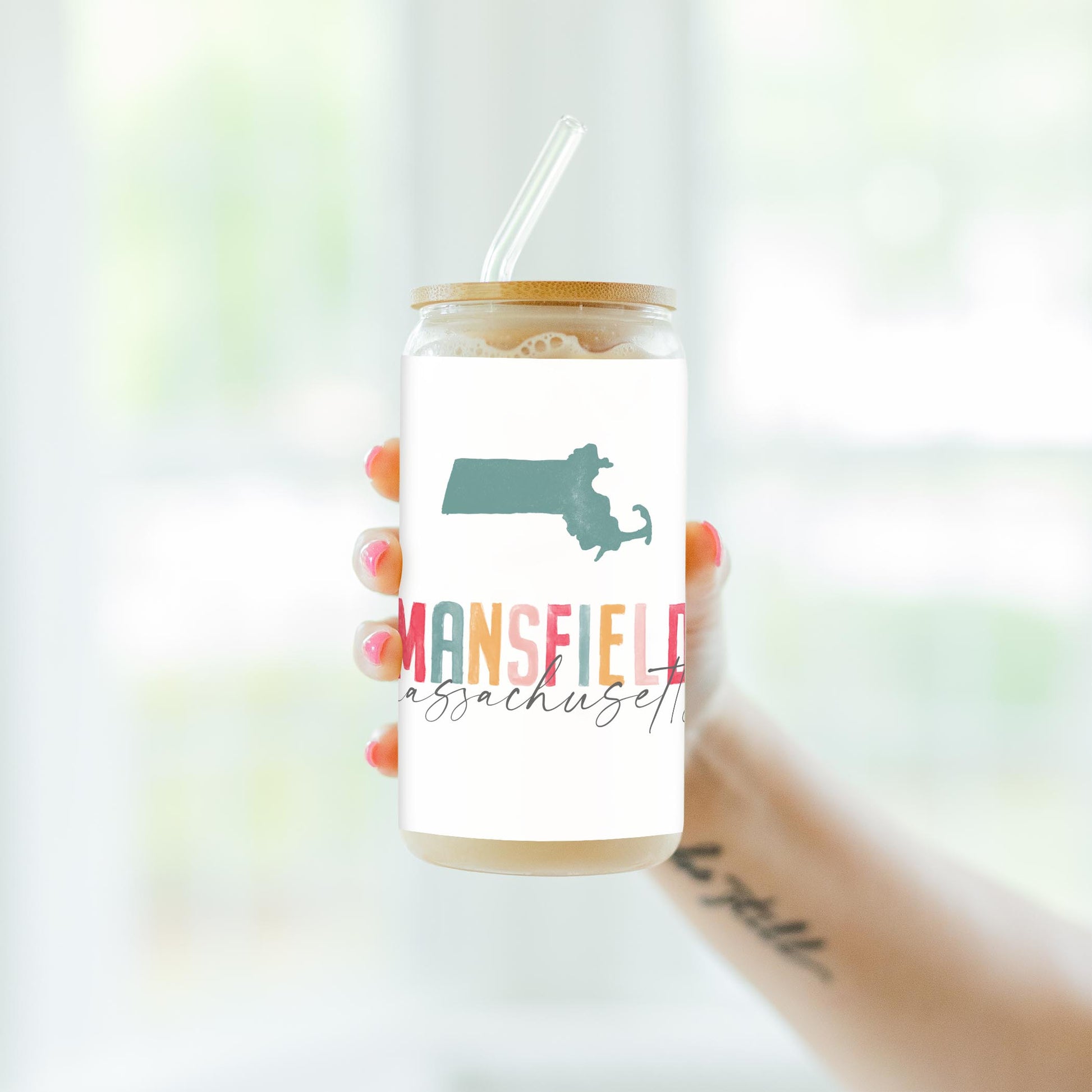 16oz Cold Brew Glass-Watercolor City Mansfield Massachusetts -4