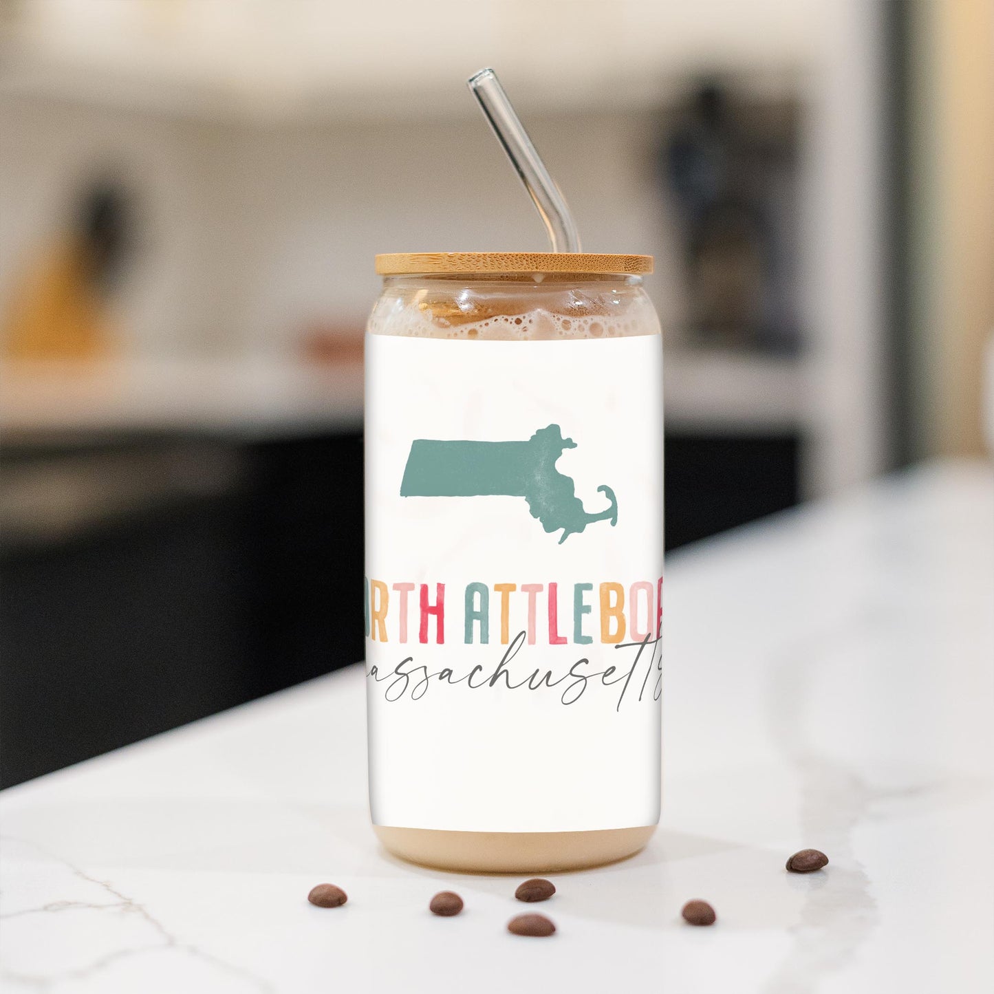 16oz Cold Brew Glass-Watercolor City North Attleboro Massachusetts -1