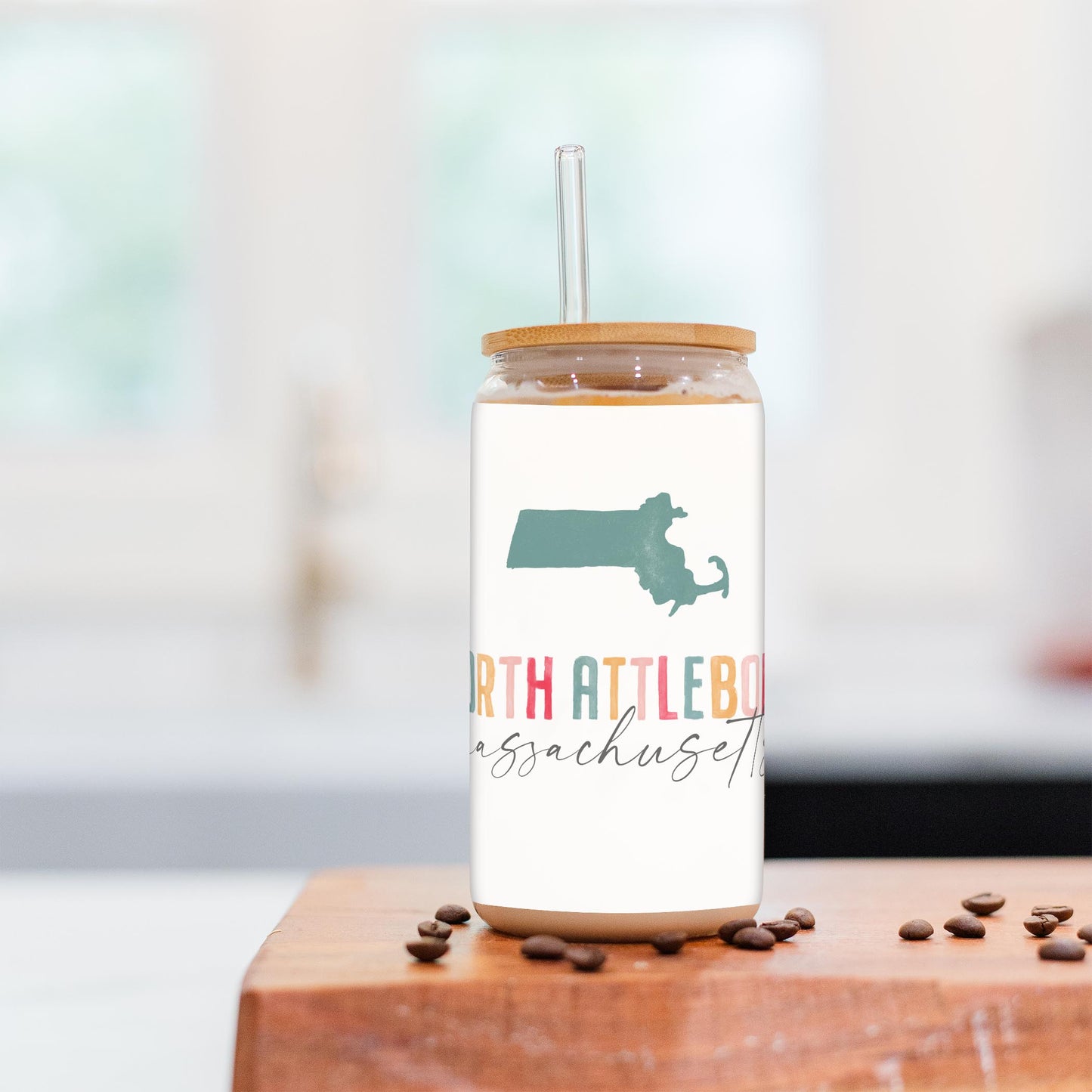 16oz Cold Brew Glass-Watercolor City North Attleboro Massachusetts -2