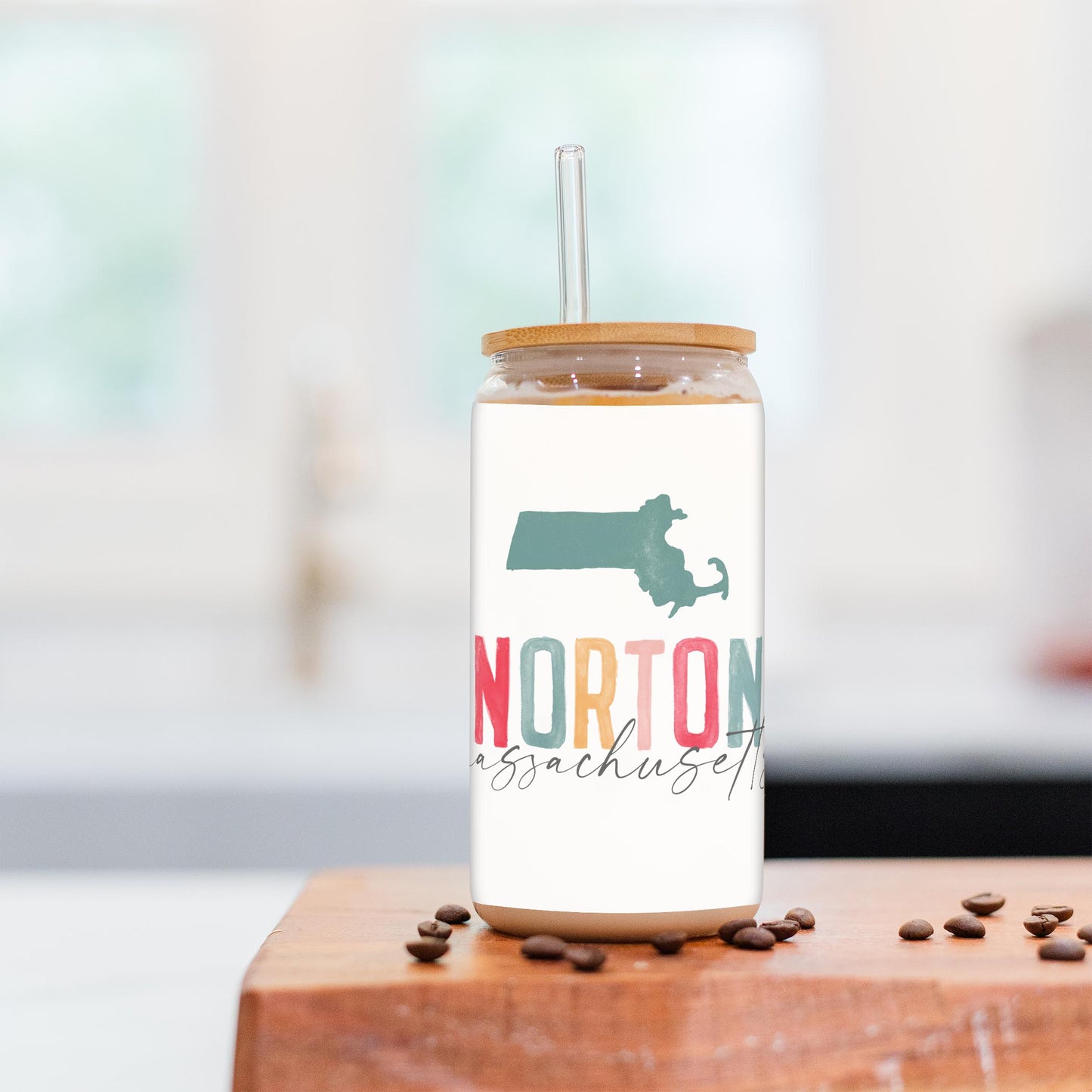 16oz Cold Brew Glass-Watercolor City Norton Massachusetts -2