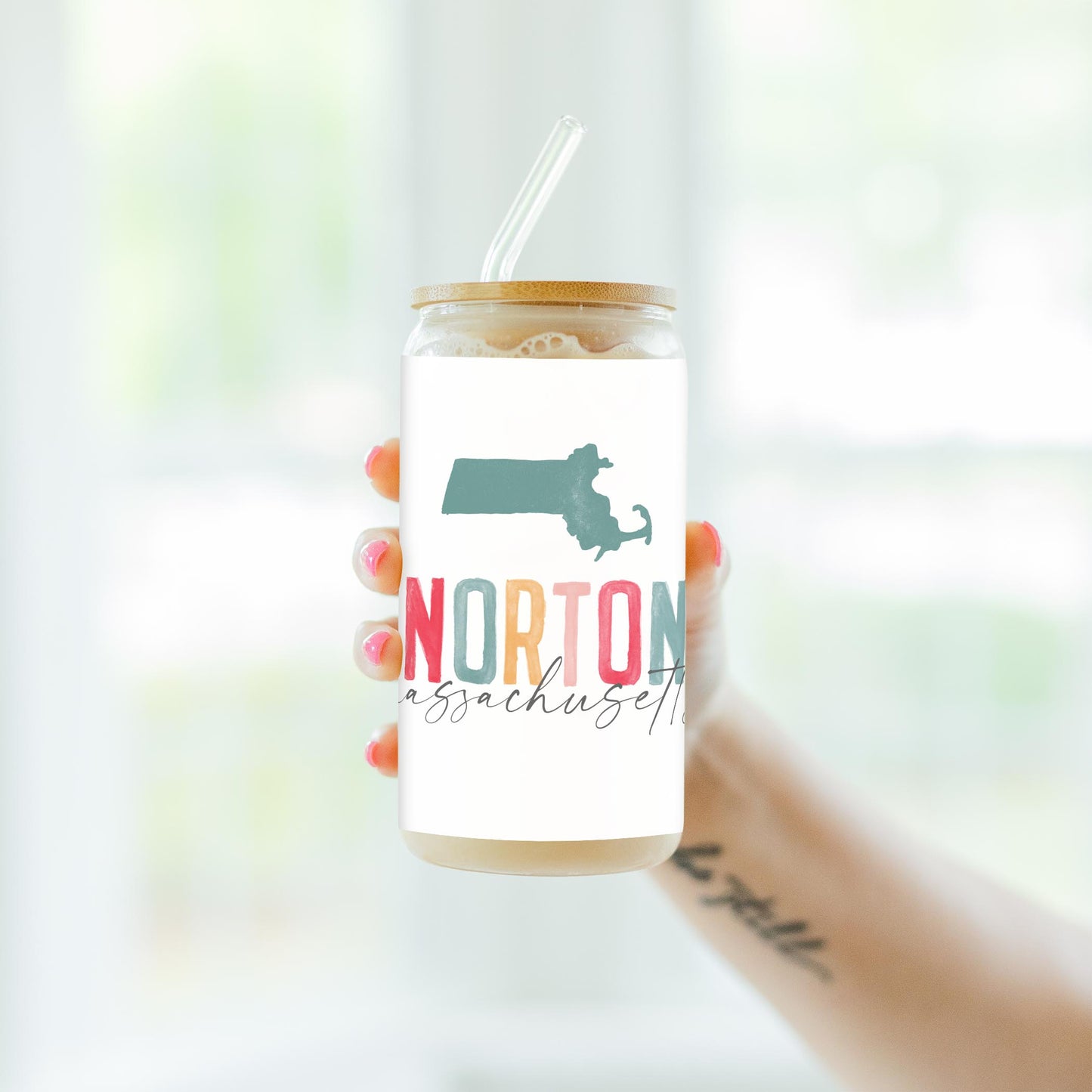 16oz Cold Brew Glass-Watercolor City Norton Massachusetts -4