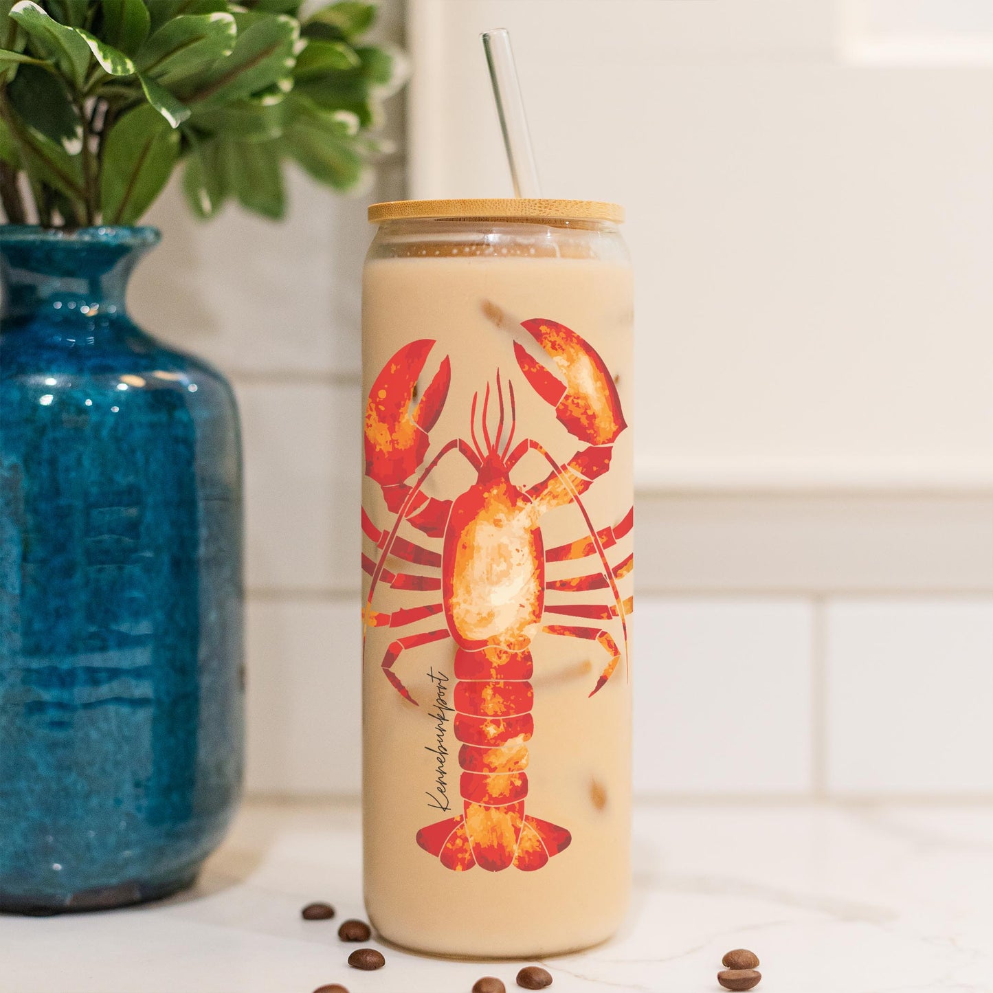 24oz Cold Brew Glass-Kennebunkport Maine Orange Lobster