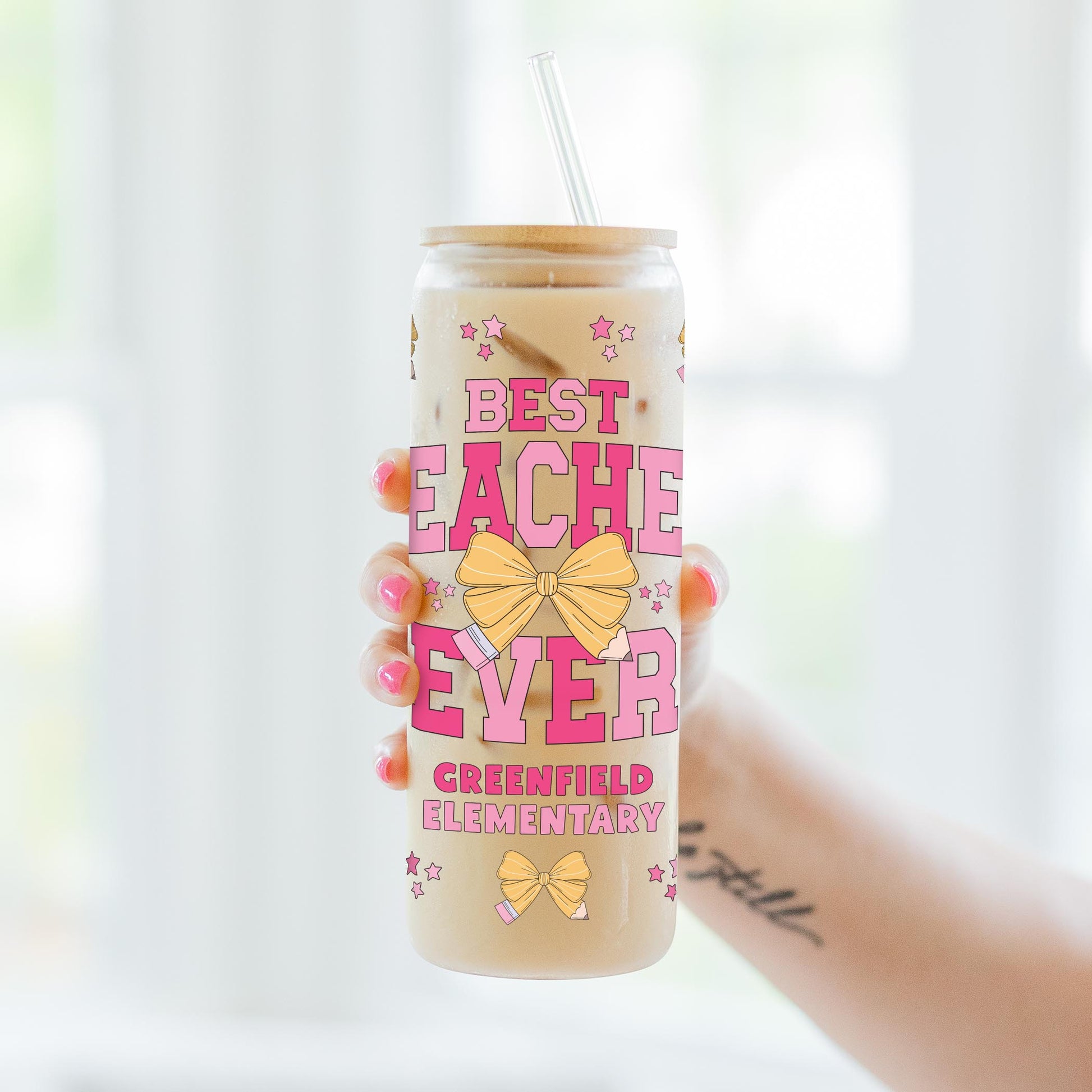 24oz Cold Brew Glass-Love+Local Classroom Coquette Best Teacher Ever -3