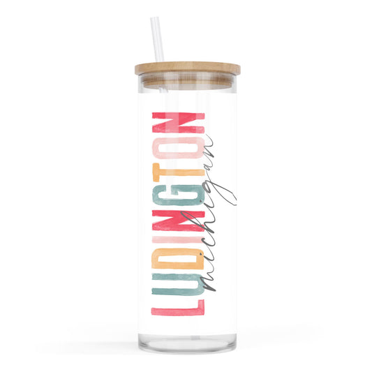 24oz Cold Brew Glass-Watercolor City Ludington Michigan -0