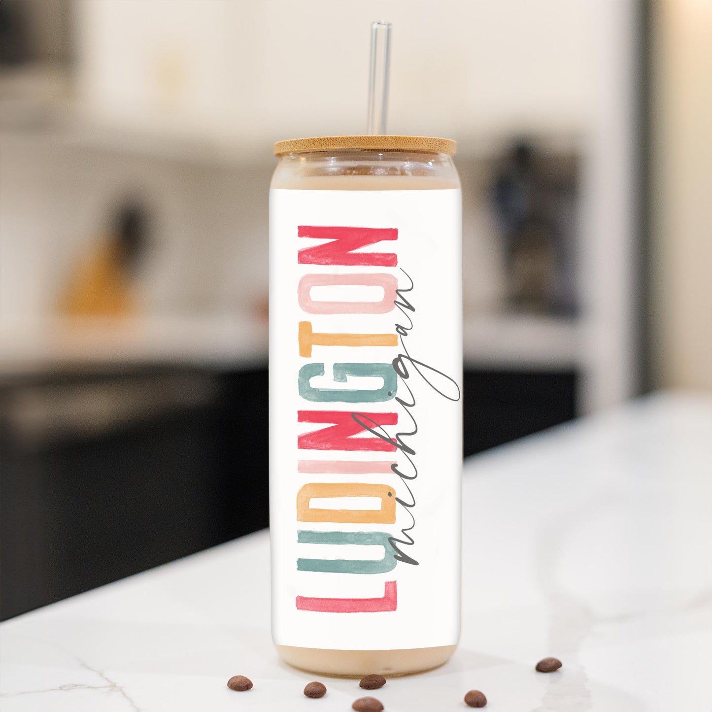 24oz Cold Brew Glass-Watercolor City Ludington Michigan -1