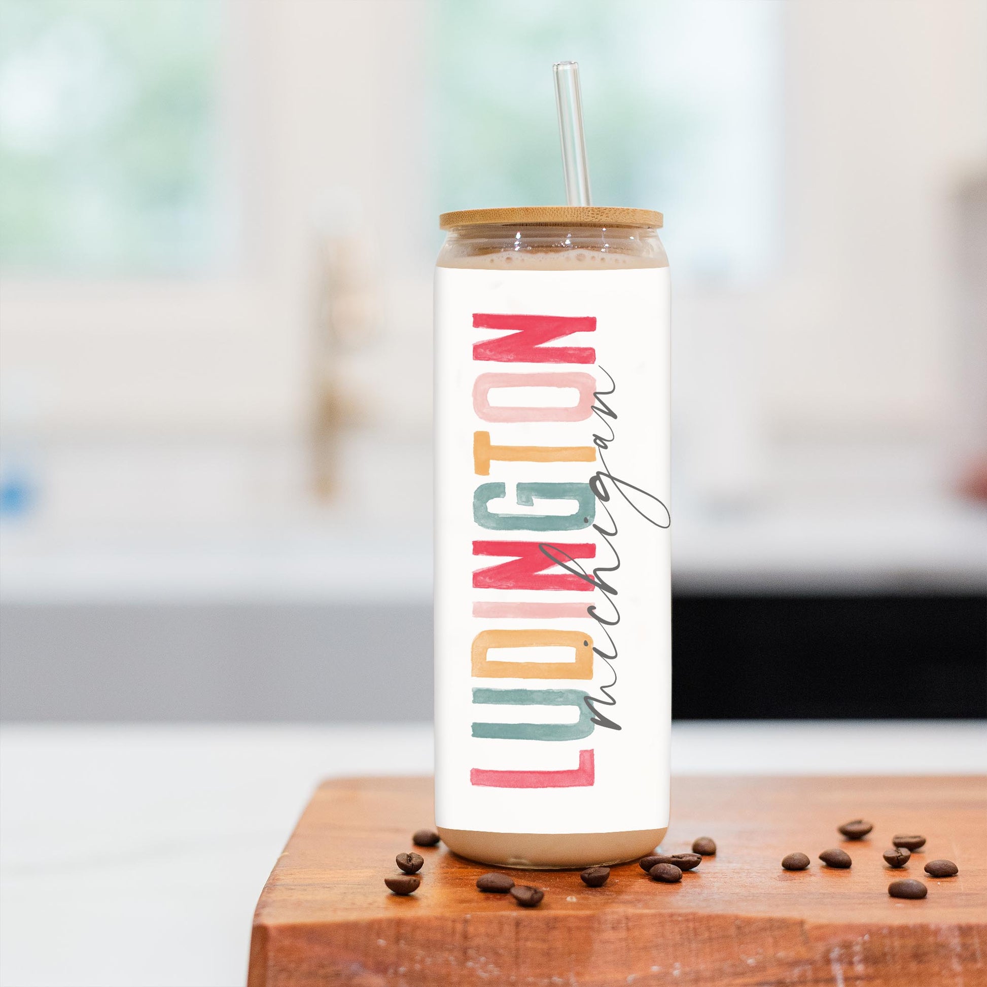 24oz Cold Brew Glass-Watercolor City Ludington Michigan -2