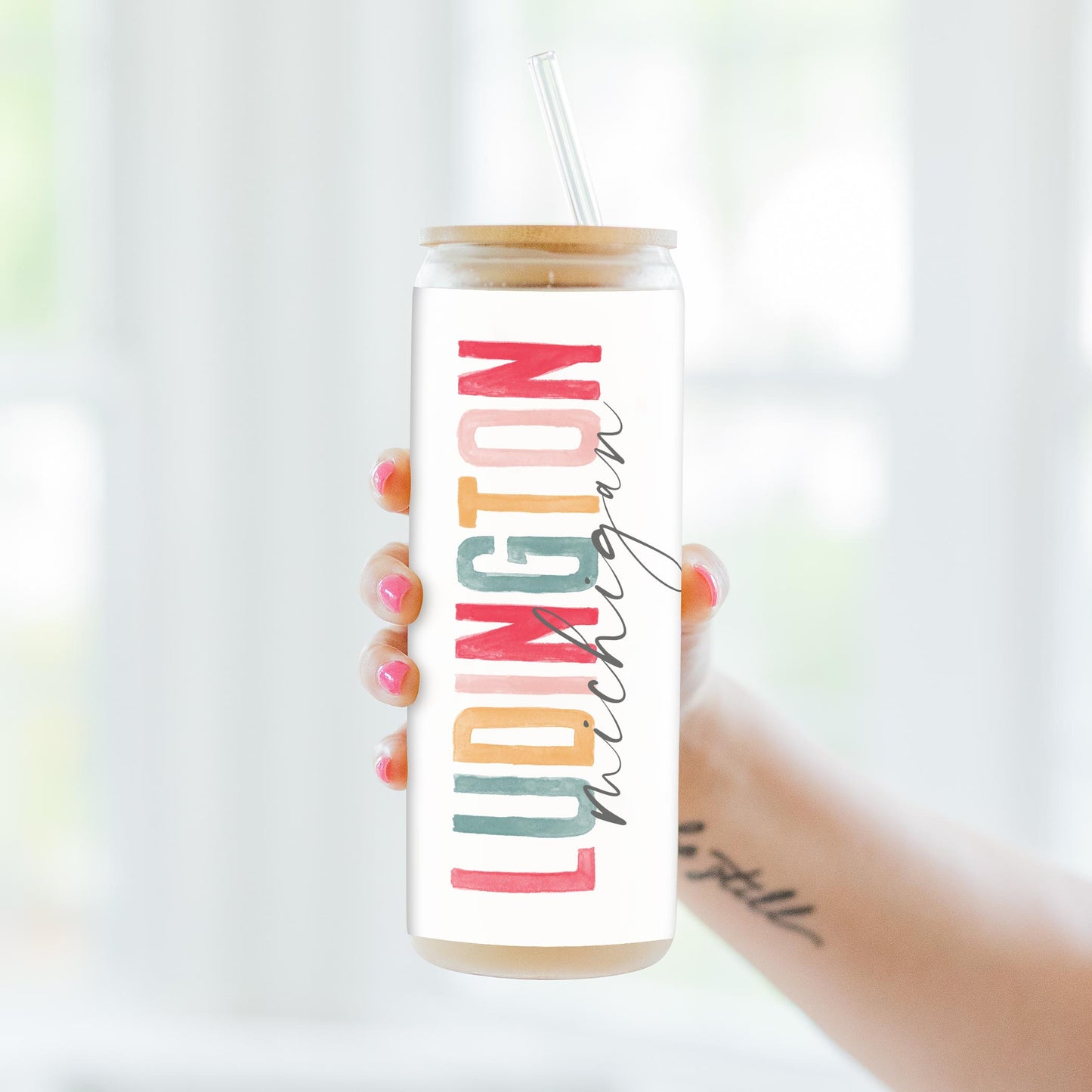 24oz Cold Brew Glass-Watercolor City Ludington Michigan -3