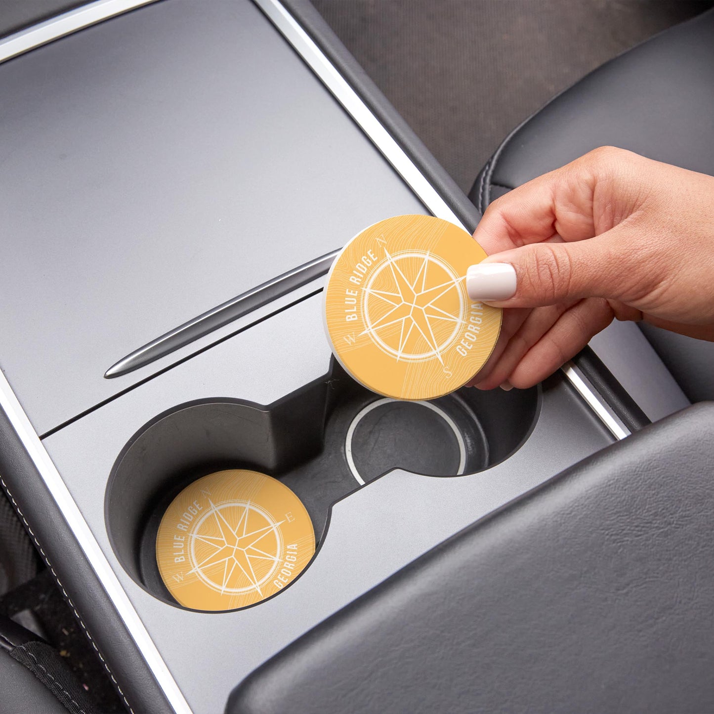 Car Coaster 2-Set-Boho Yellow Compass Blue Ridge Georgia -1