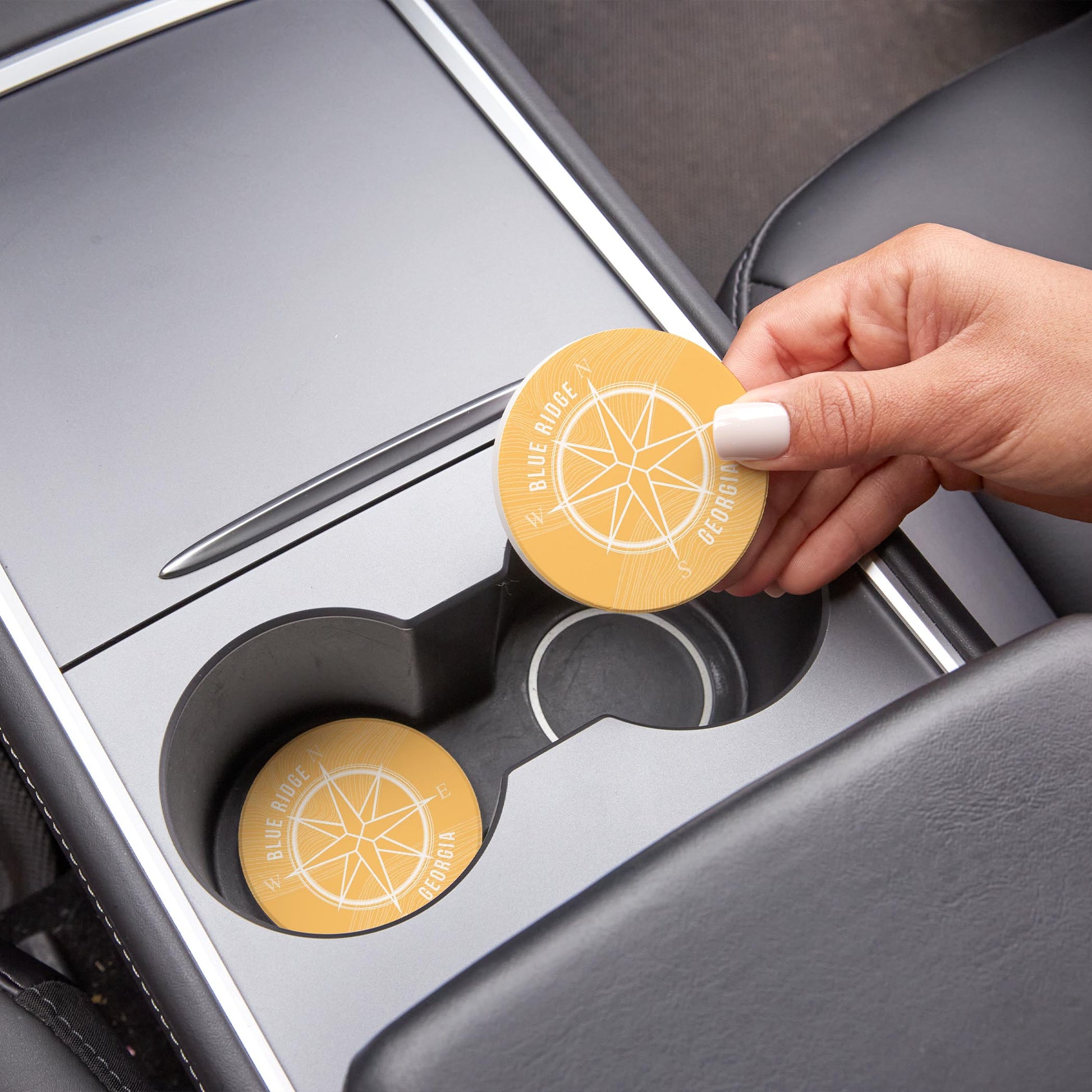 Car Coaster 2-Set-Boho Yellow Compass Blue Ridge Georgia -1