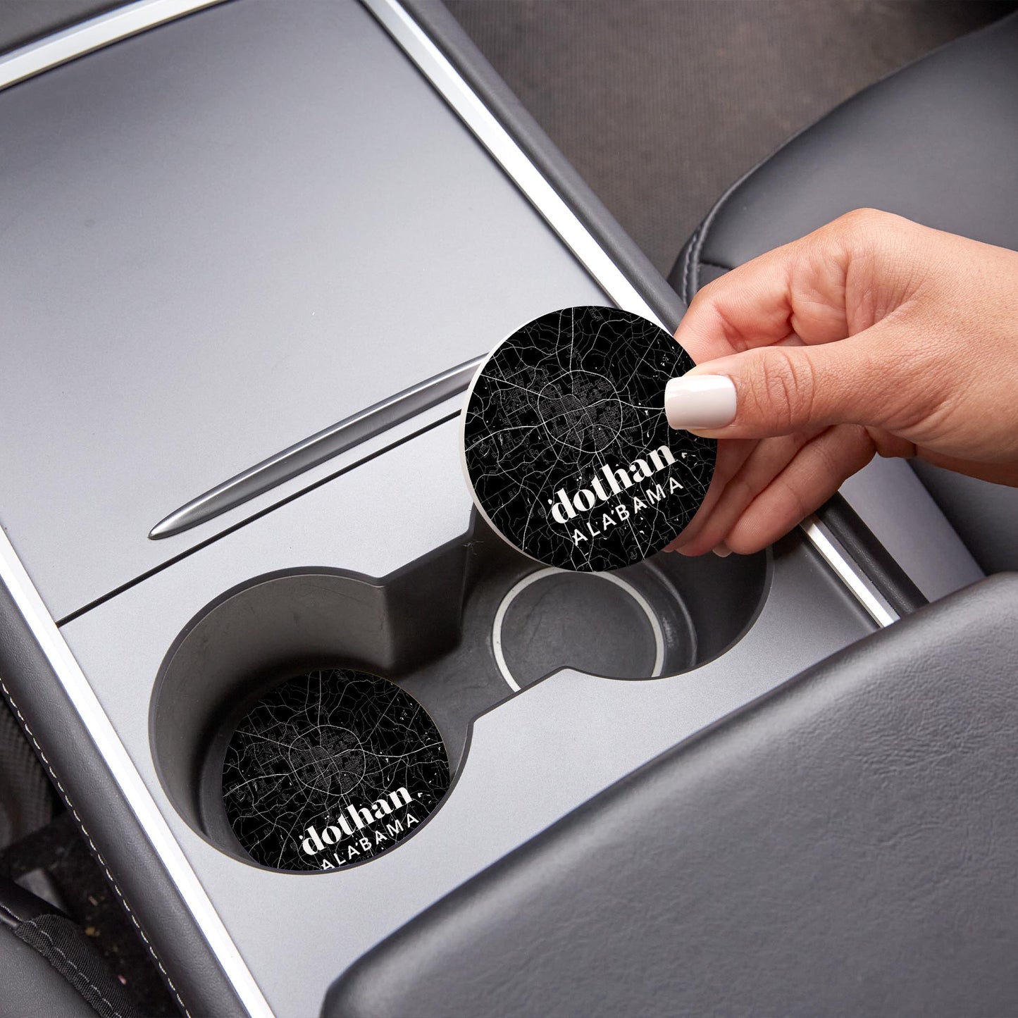 Car Coaster 2-Set-Black & White Map Dothan Alabama