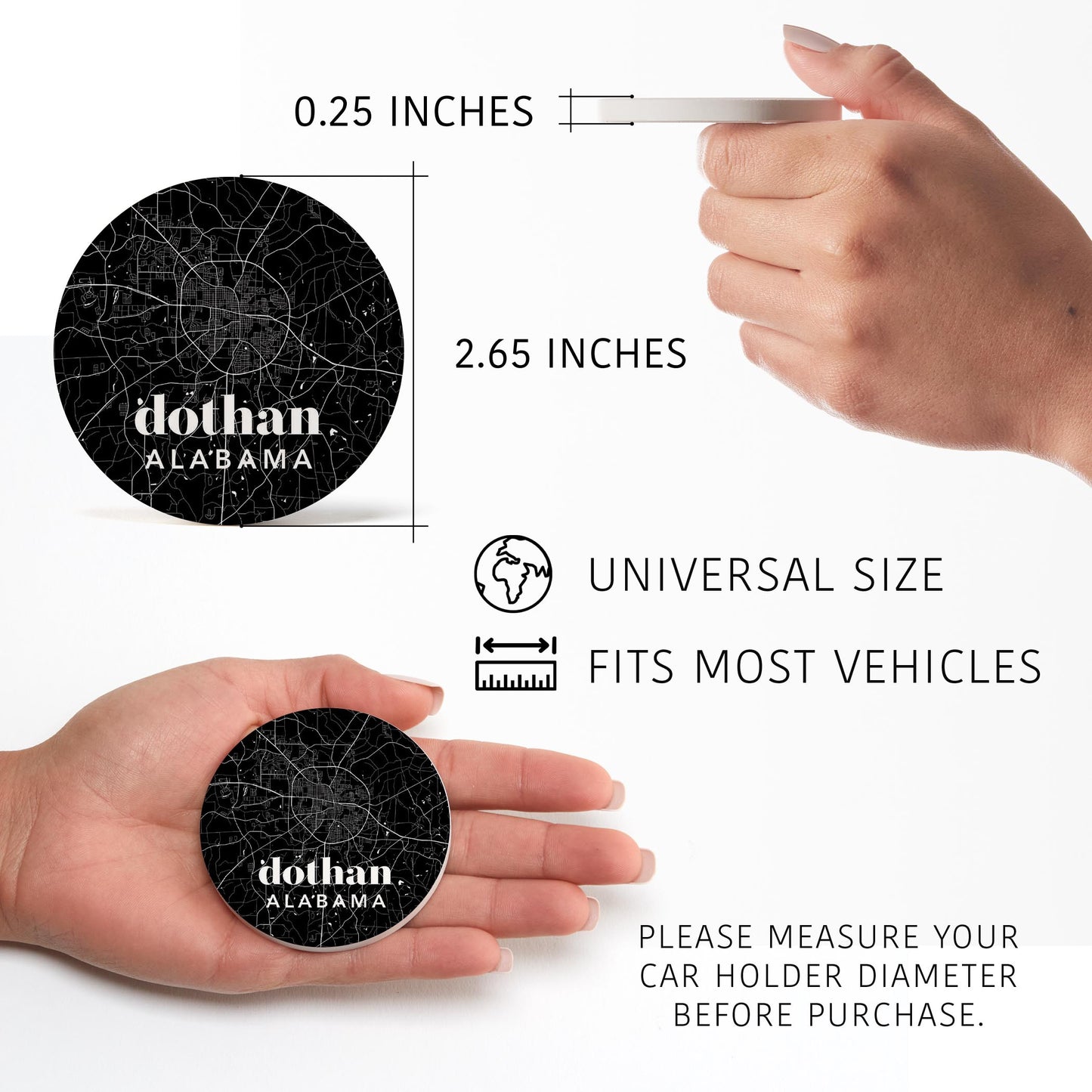 Car Coaster 2-Set-Black & White Map Dothan Alabama
