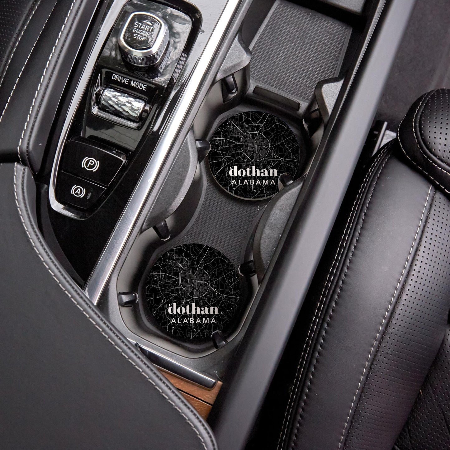 Car Coaster 2-Set-Black & White Map Dothan Alabama