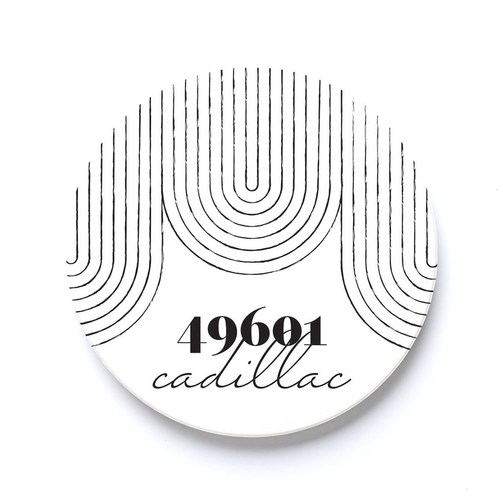 Car Coaster-Black and White City Zip on White Cadillac Michigan 49601 -0