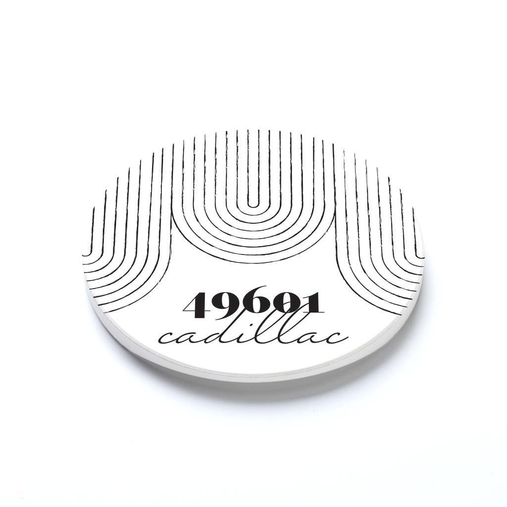 Car Coaster-Black and White City Zip on White Cadillac Michigan 49601 -1
